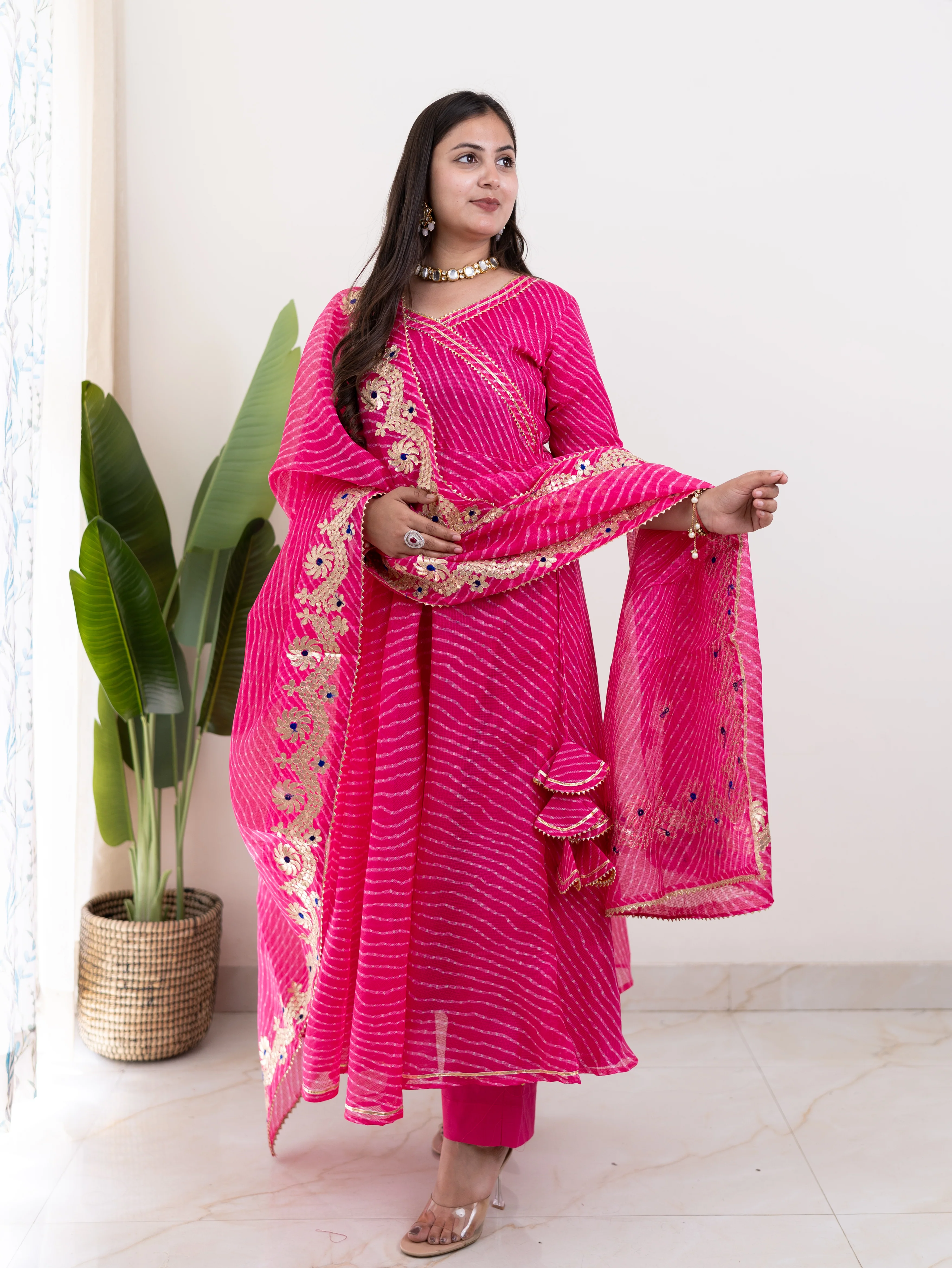 Mahira Pink Kota Doria Leheriya Gotta Detailed Anarkali Dupatta Set - Image 2