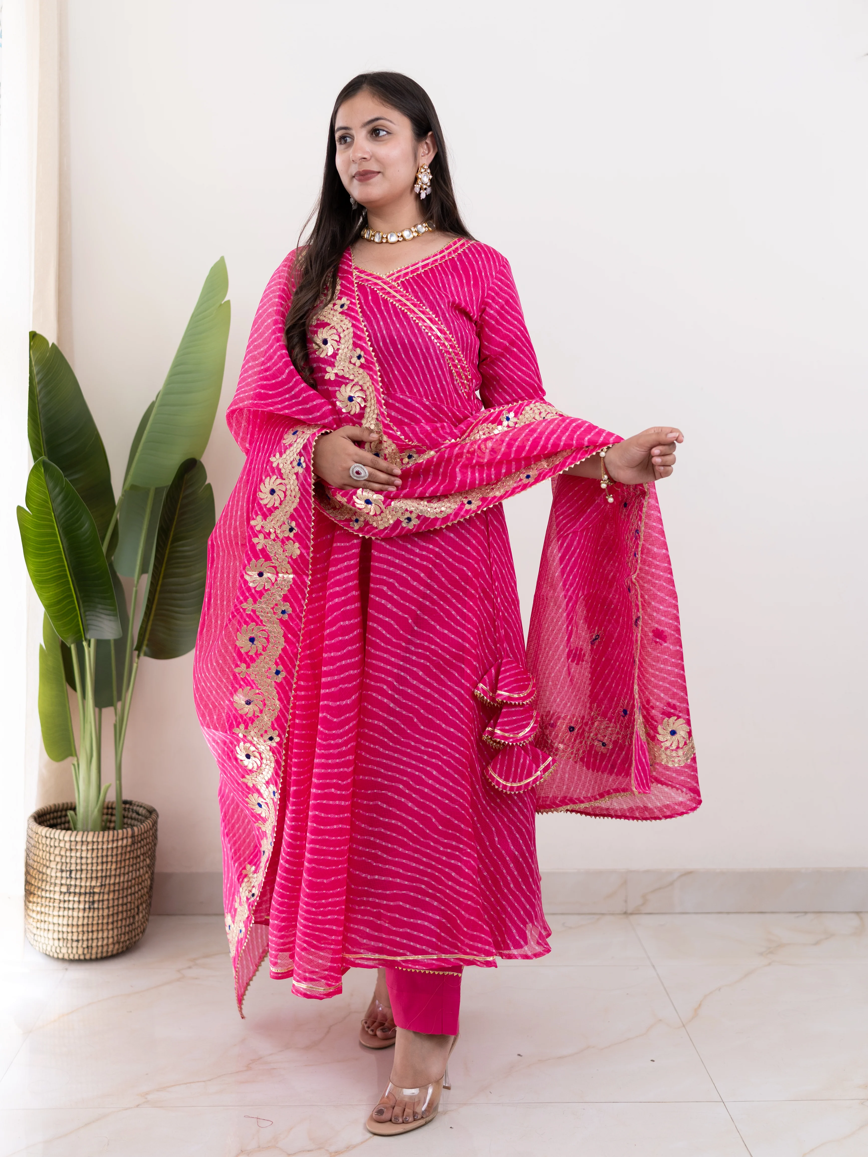 Mahira Pink Kota Doria Leheriya Gotta Detailed Anarkali Dupatta Set - Image 3