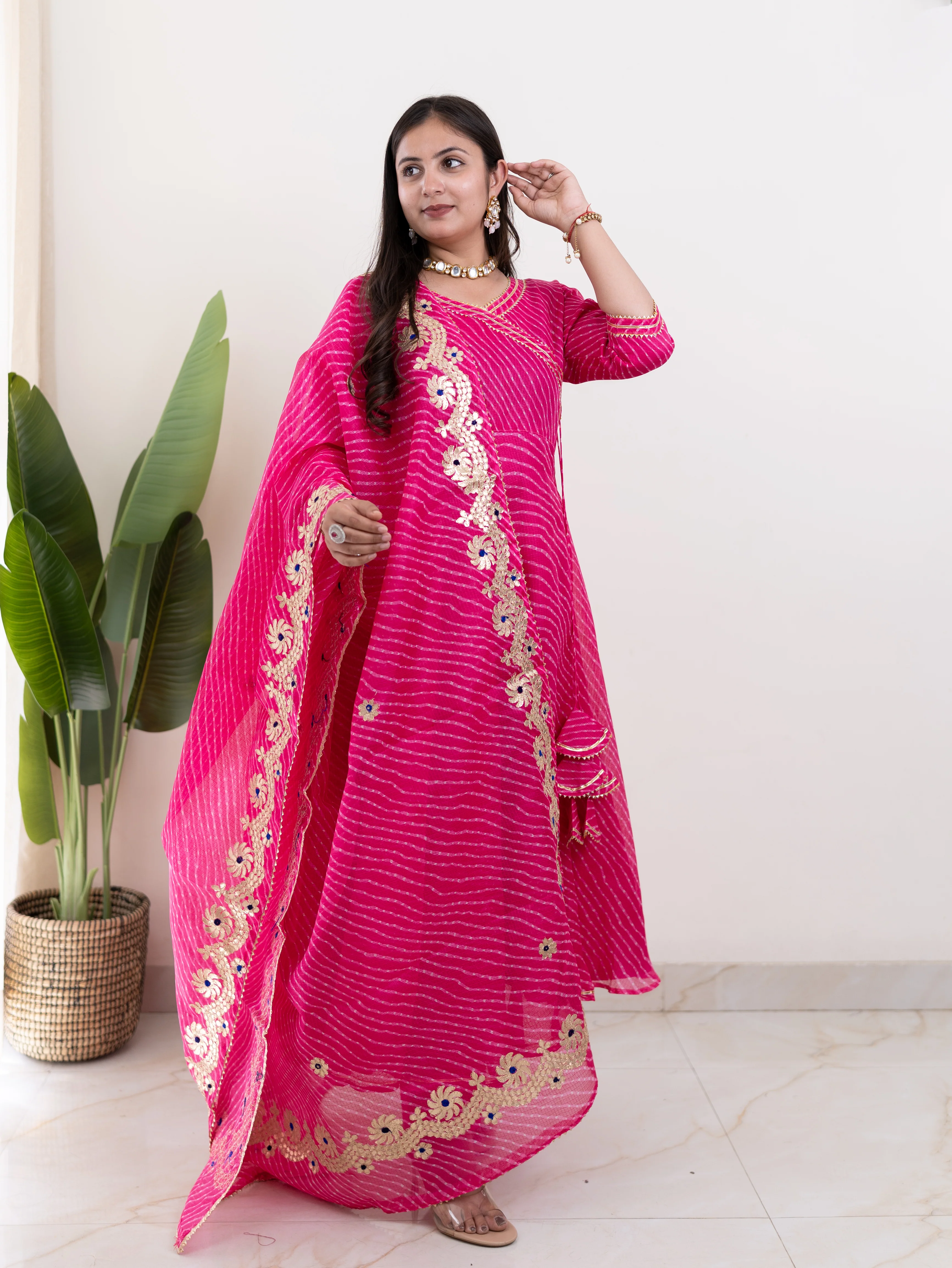 Mahira Pink Kota Doria Leheriya Gotta Detailed Anarkali Dupatta Set - Image 4