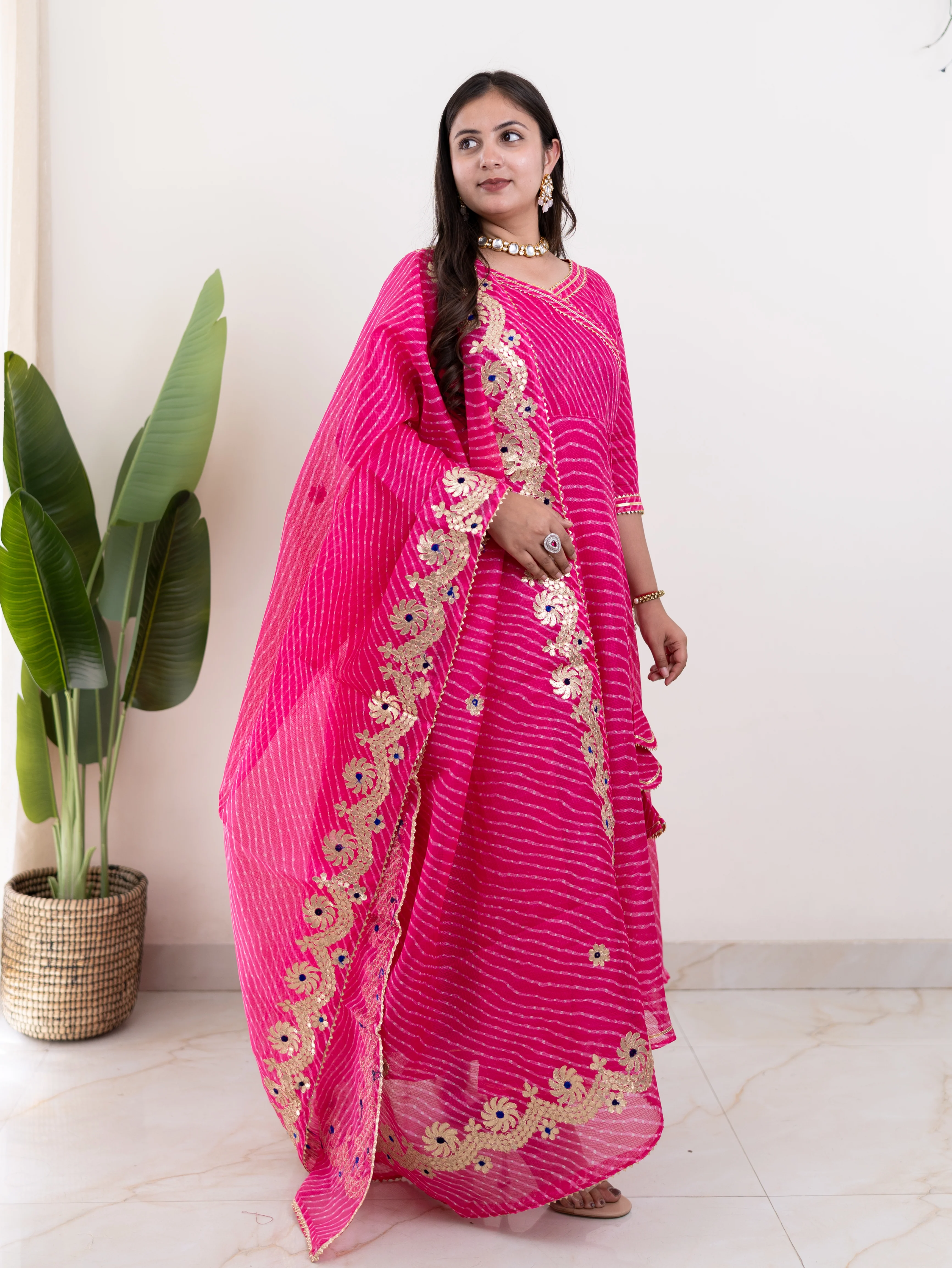 Mahira Pink Kota Doria Leheriya Gotta Detailed Anarkali Dupatta Set - Image 5
