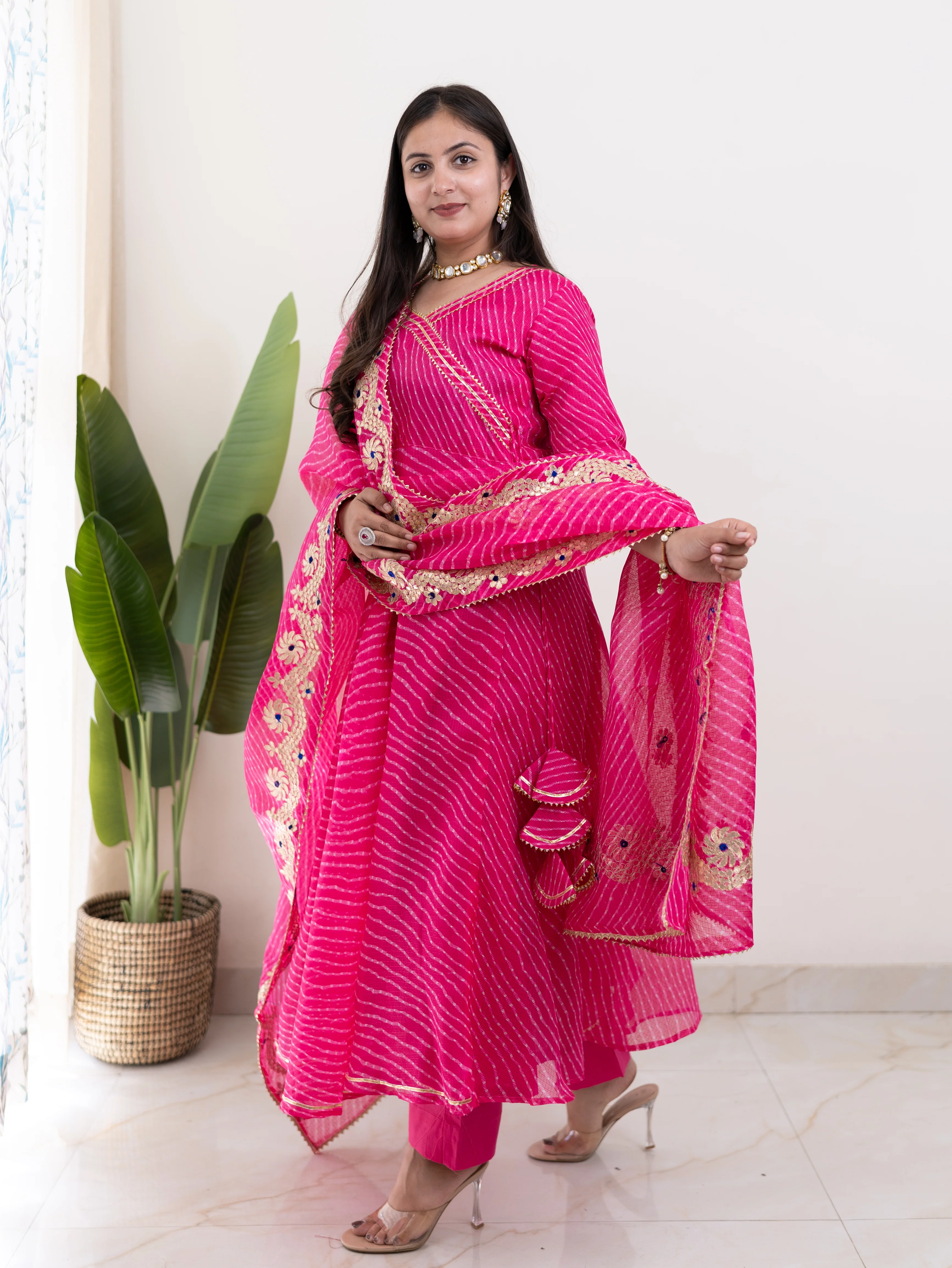 Mahira Pink Kota Doria Leheriya Gotta Detailed Anarkali Dupatta Set - Image 6