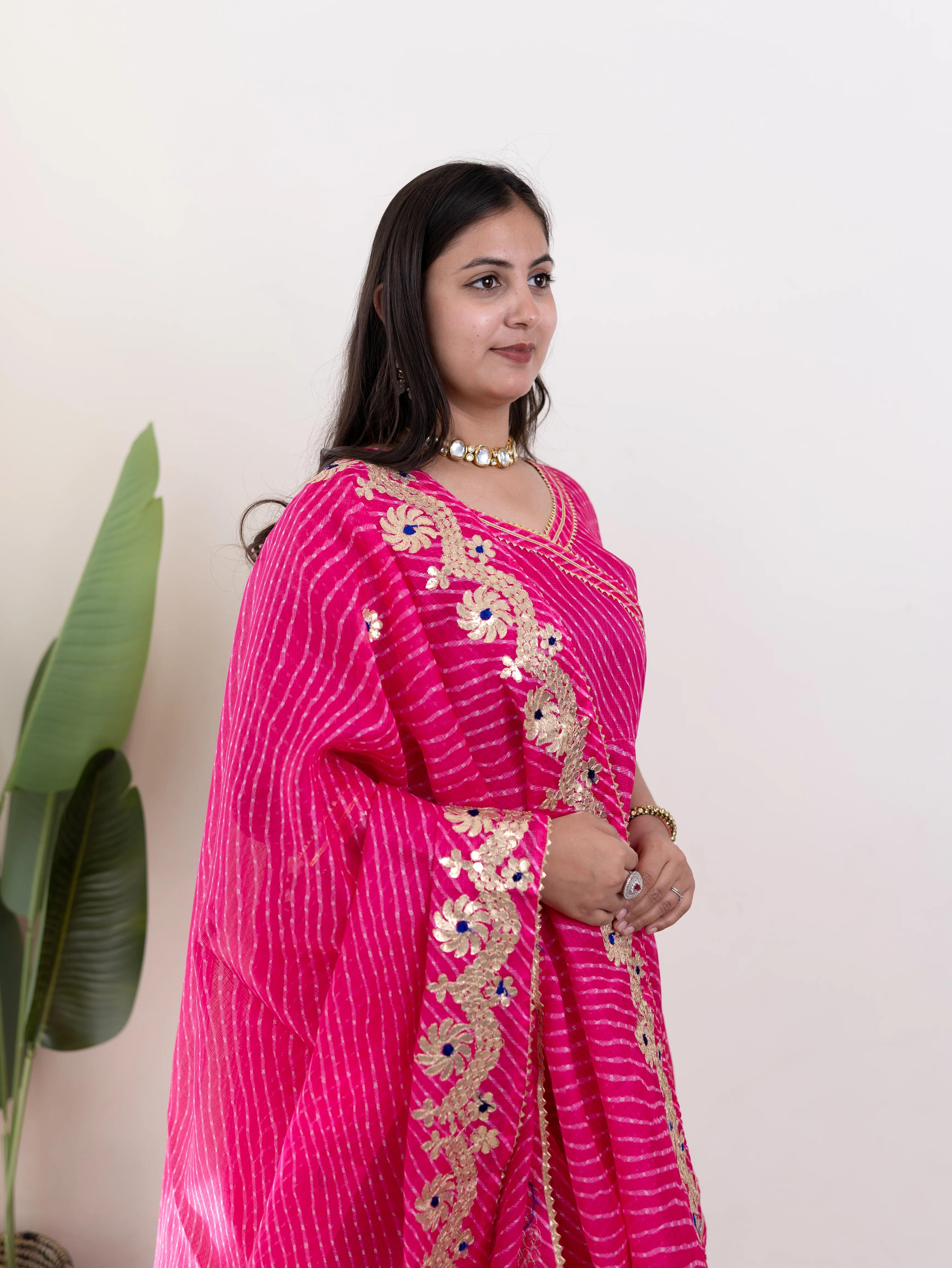 Mahira Pink Kota Doria Leheriya Gotta Detailed Anarkali Dupatta Set - Image 7