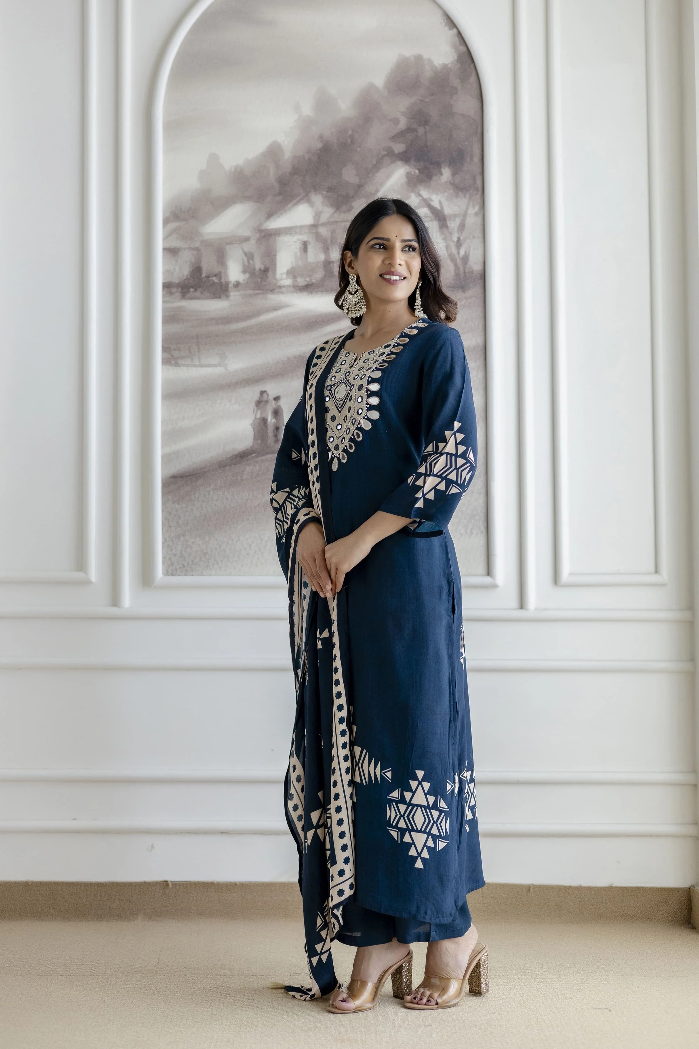 Mansi Crepe Deep Blue HandEmbroidered Pant Set - Image 4