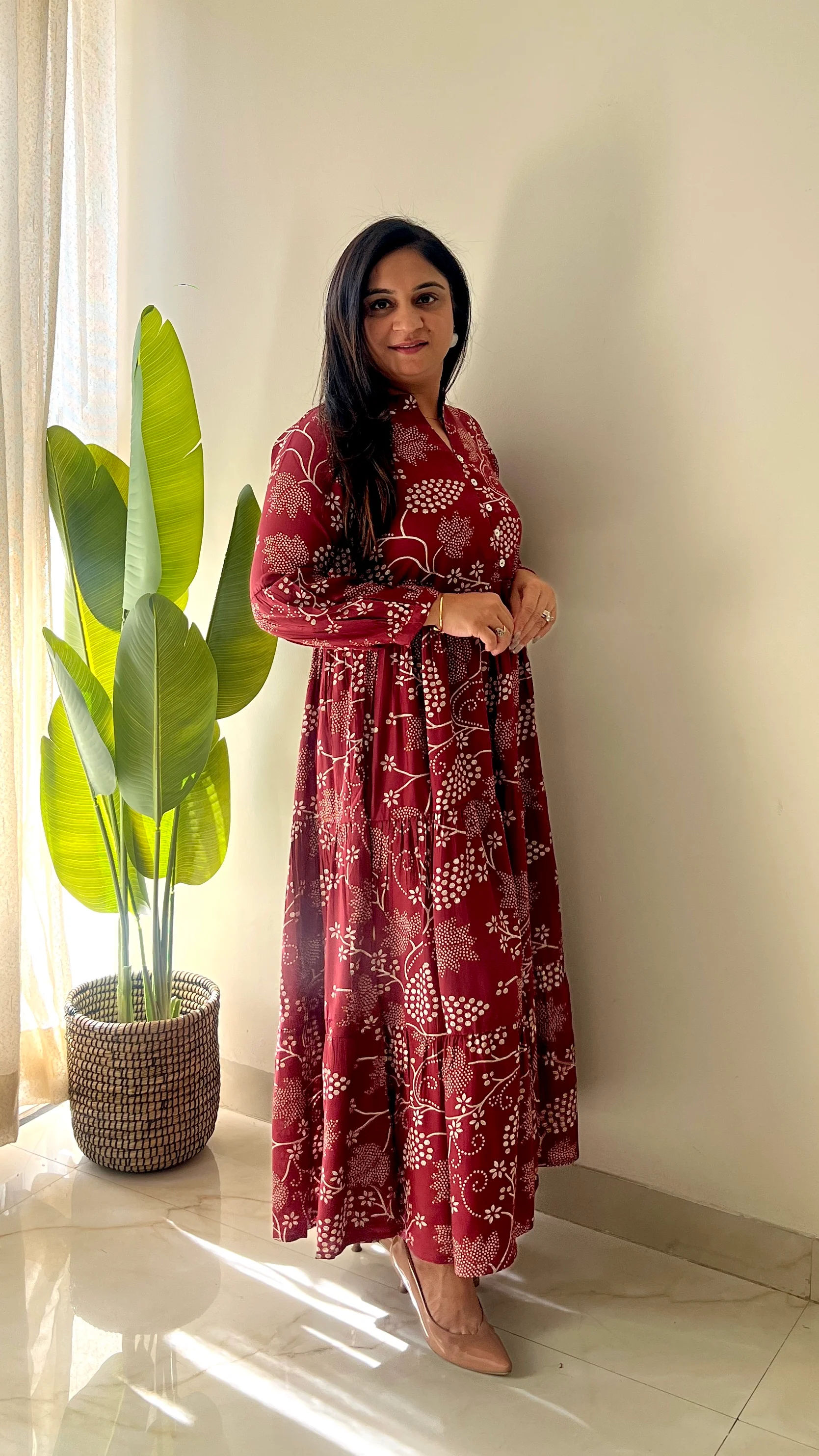 Sarfa Maroon Crystal Muslin Casual Long Dress - Image 6