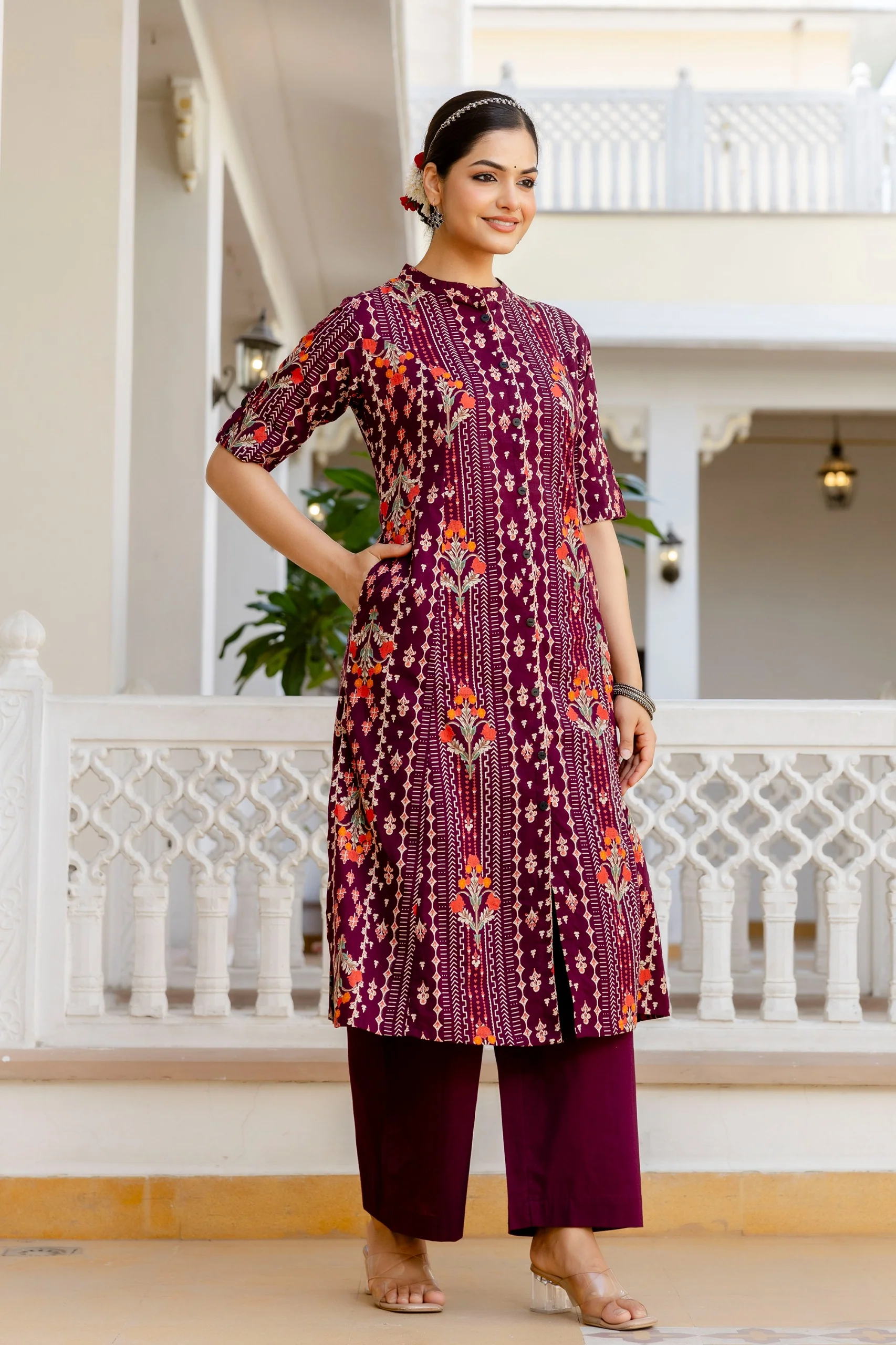 Marron Floral Cotton A-line Coord Set