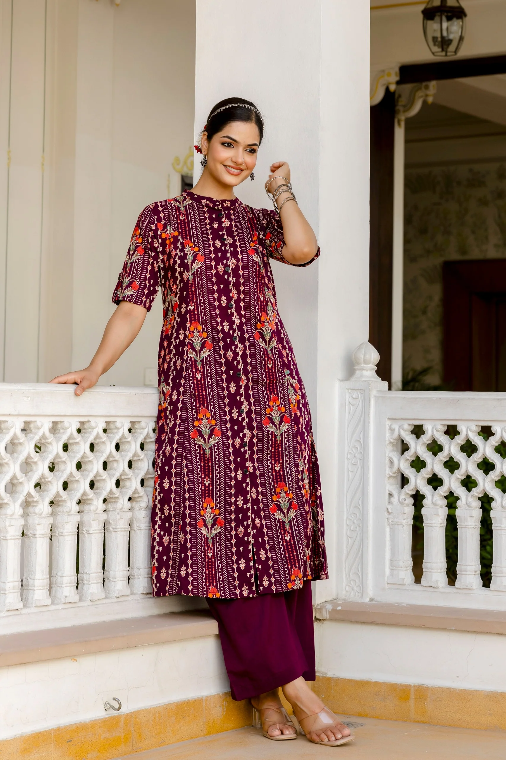 Marron Floral Cotton A-line Coord Set - Image 2