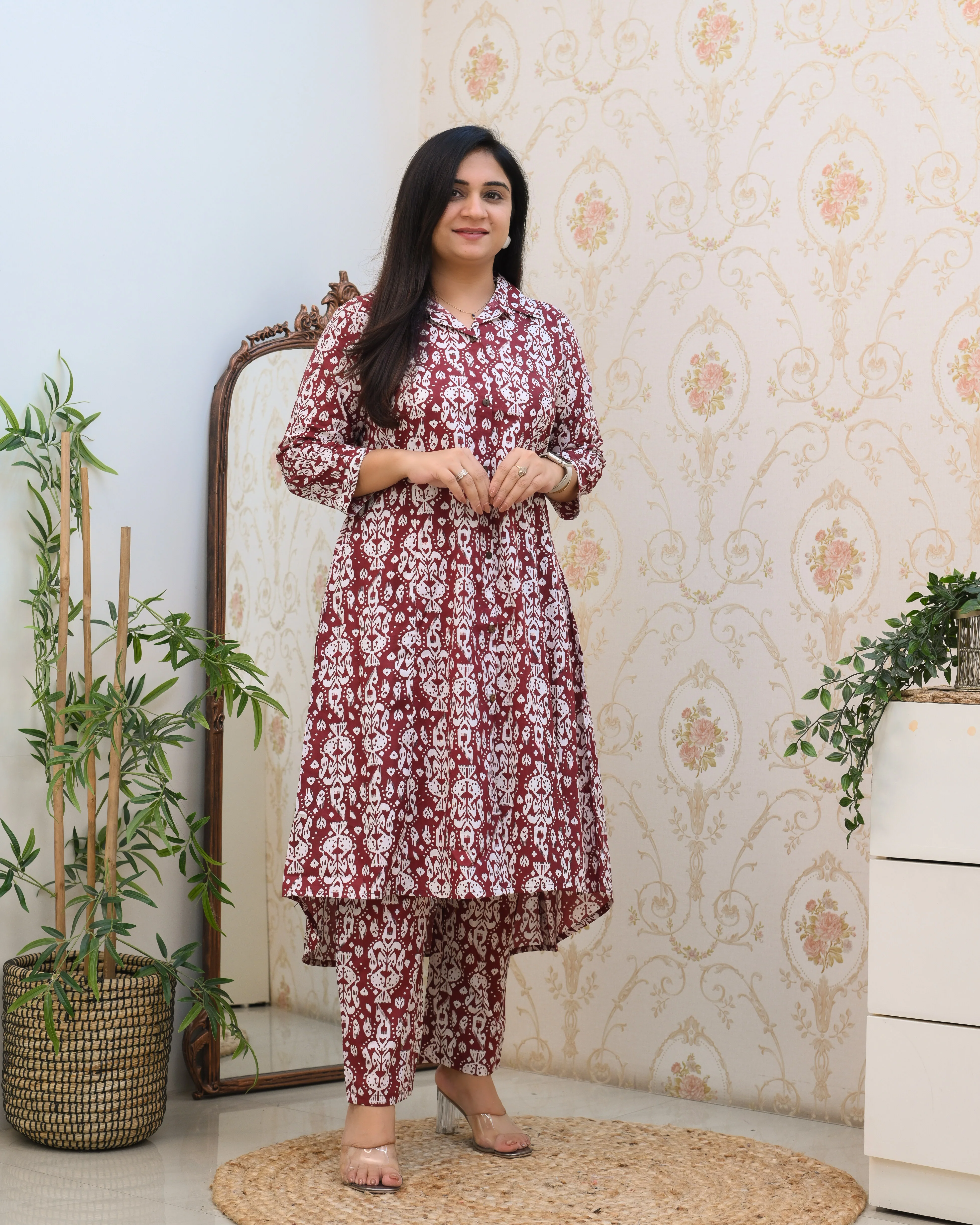 Mauve Abstract Print A-line Cotton Coord Set - Image 3