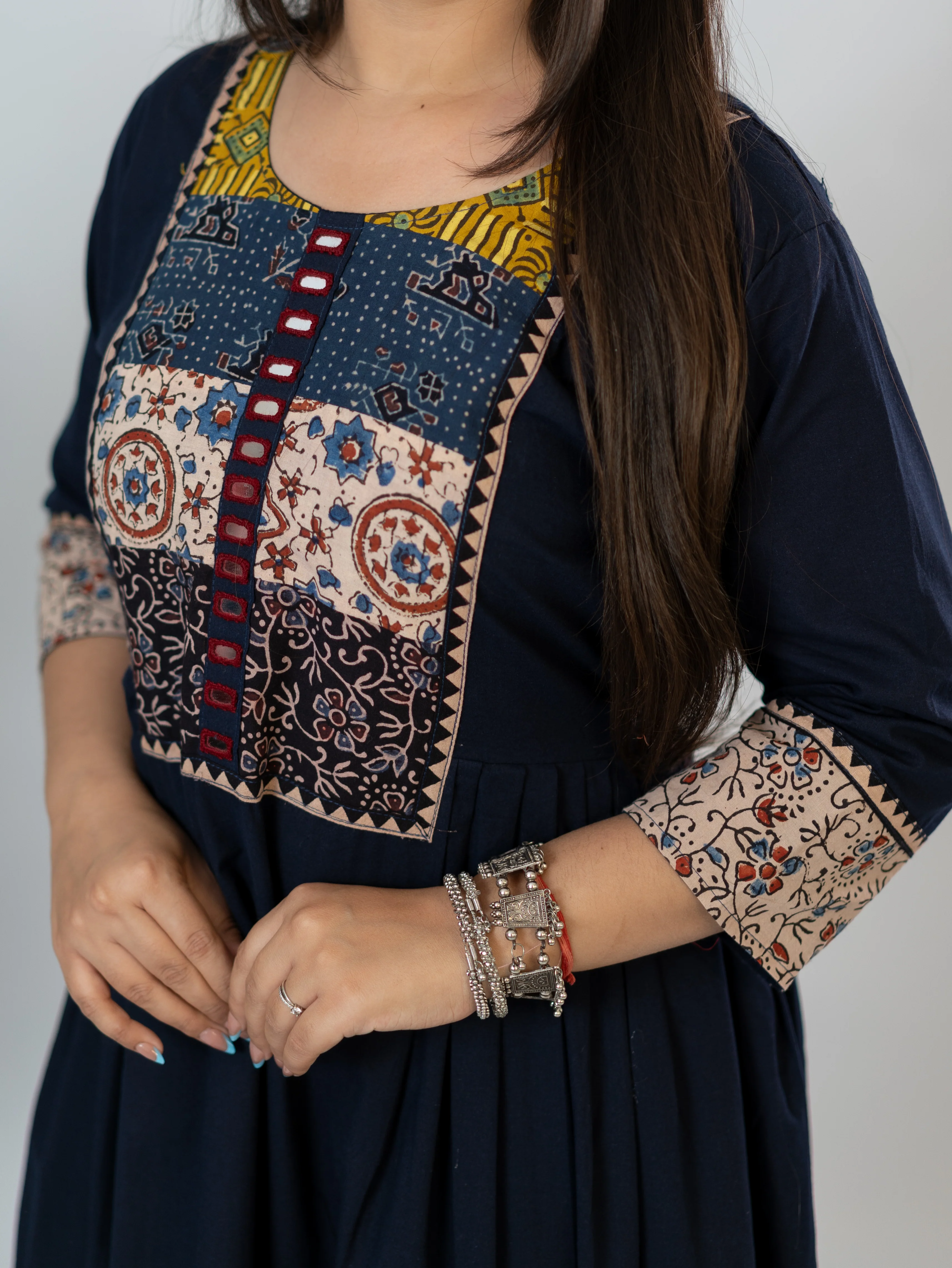Meera Blue Cotton Ajrakh Embroidered A-line Kurta - Image 10