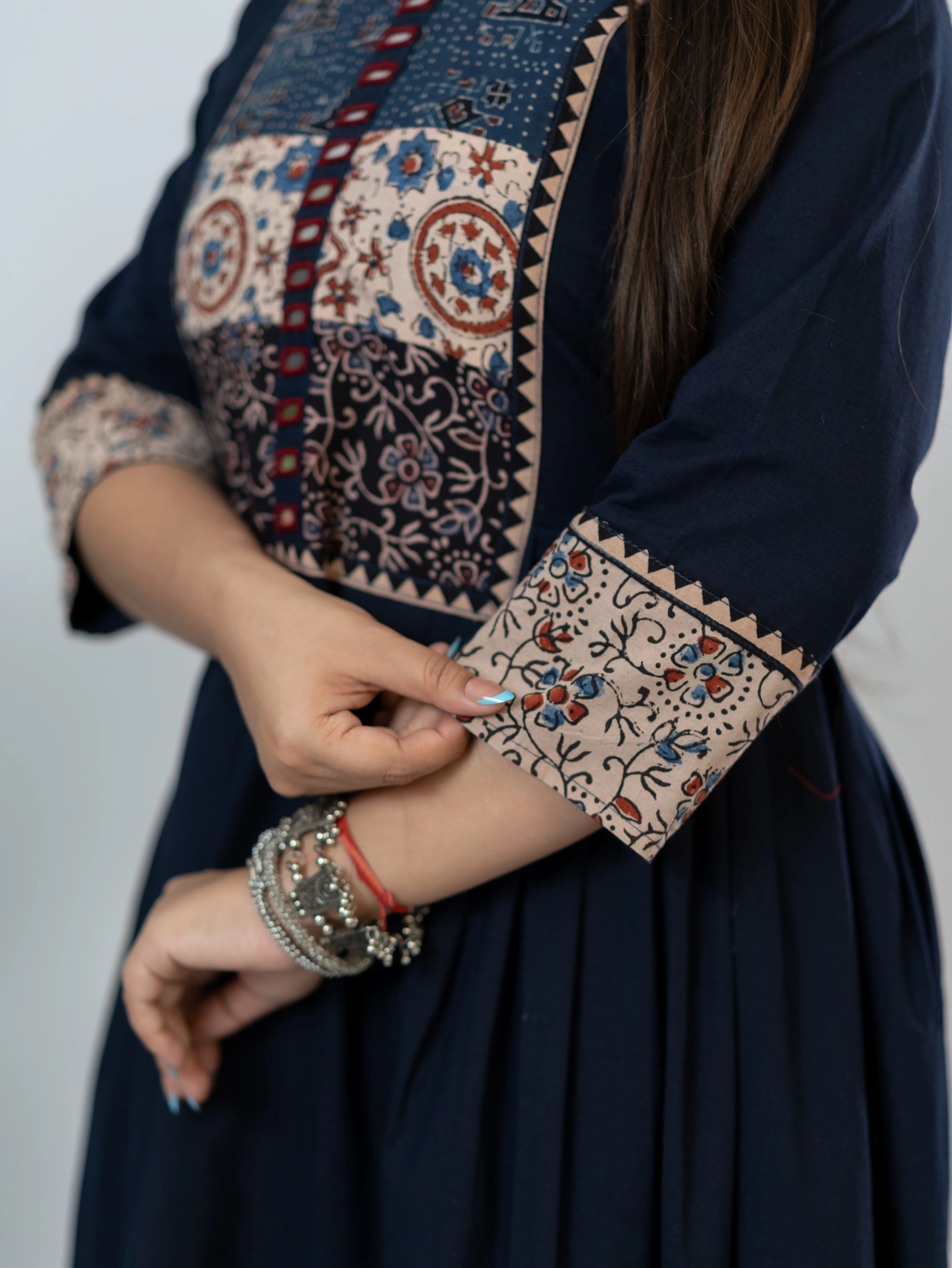 Meera Blue Cotton Ajrakh Embroidered A-line Kurta - Image 11