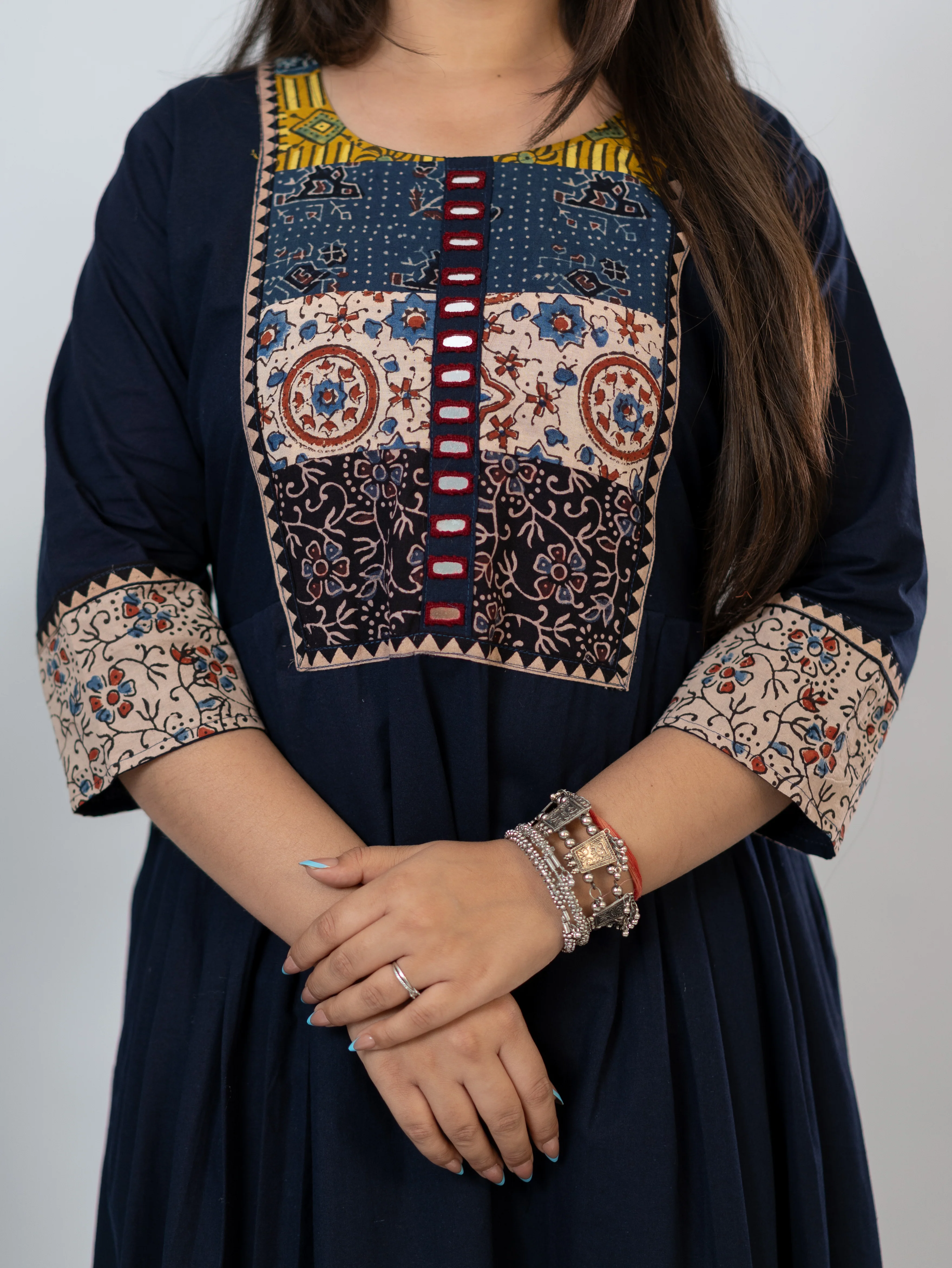 Meera Blue Cotton Ajrakh Embroidered A-line Kurta - Image 12