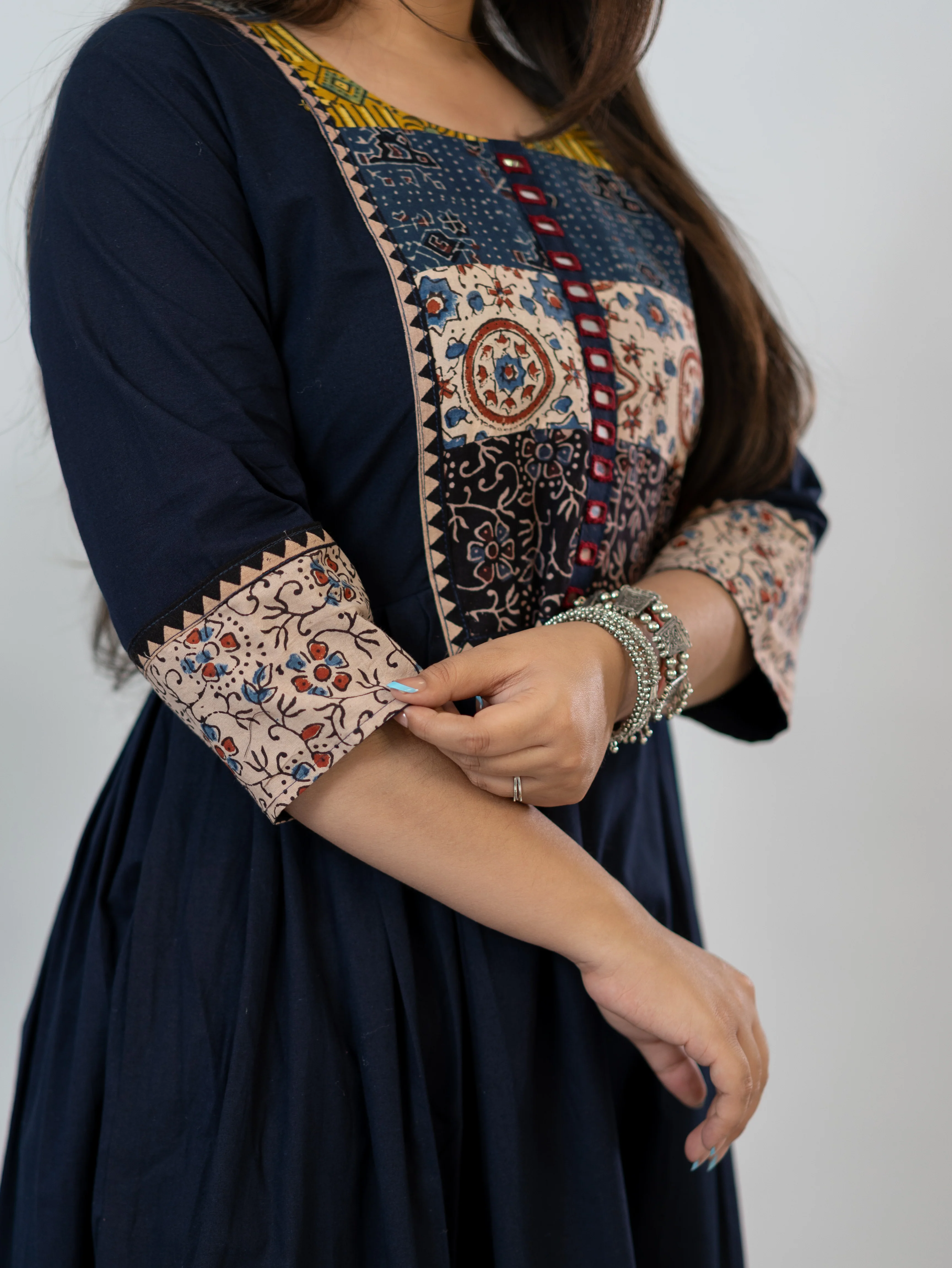 Meera Blue Cotton Ajrakh Embroidered A-line Kurta - Image 13