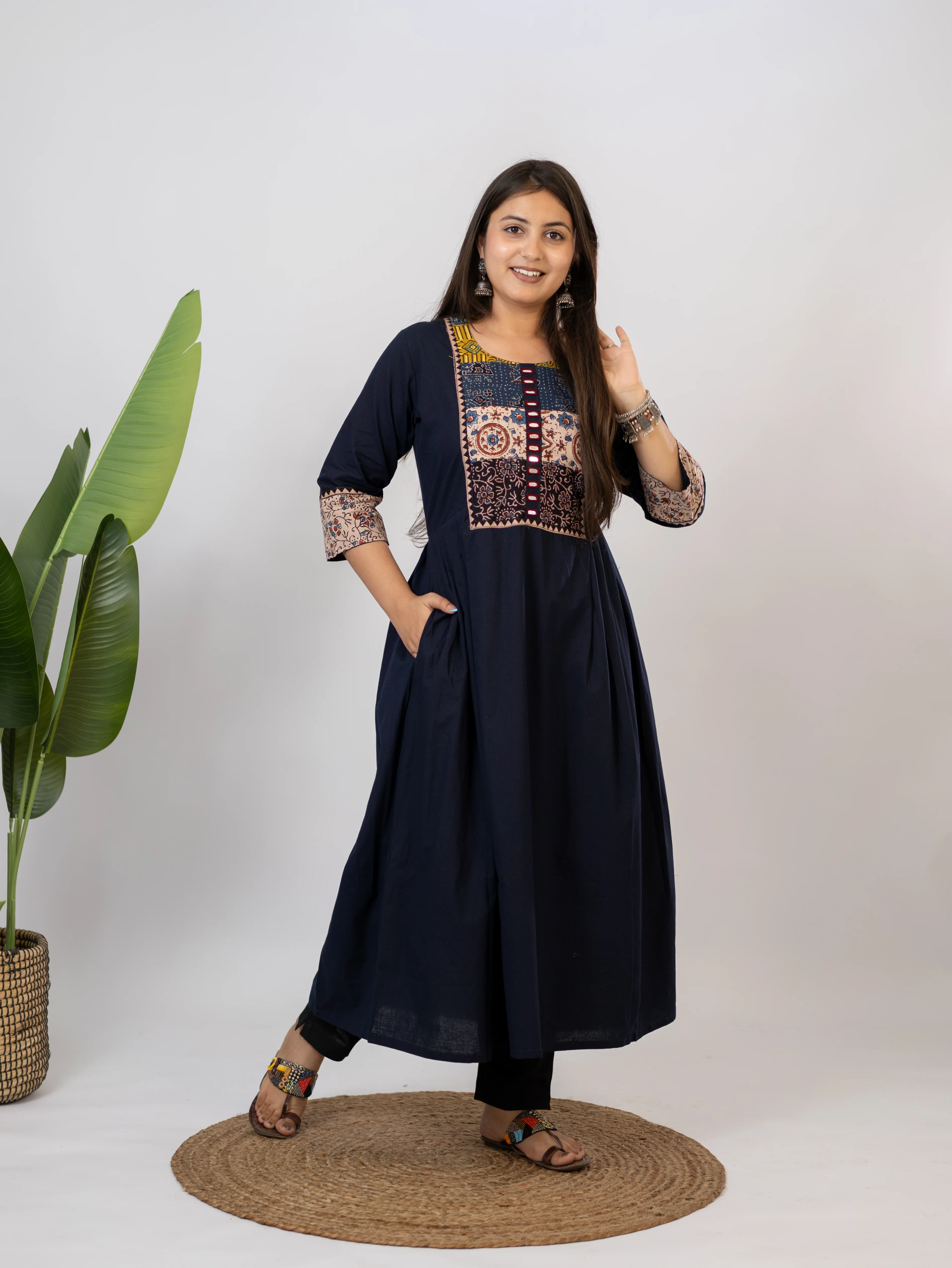 Meera Blue Cotton Ajrakh Embroidered A-line Kurta - Image 3
