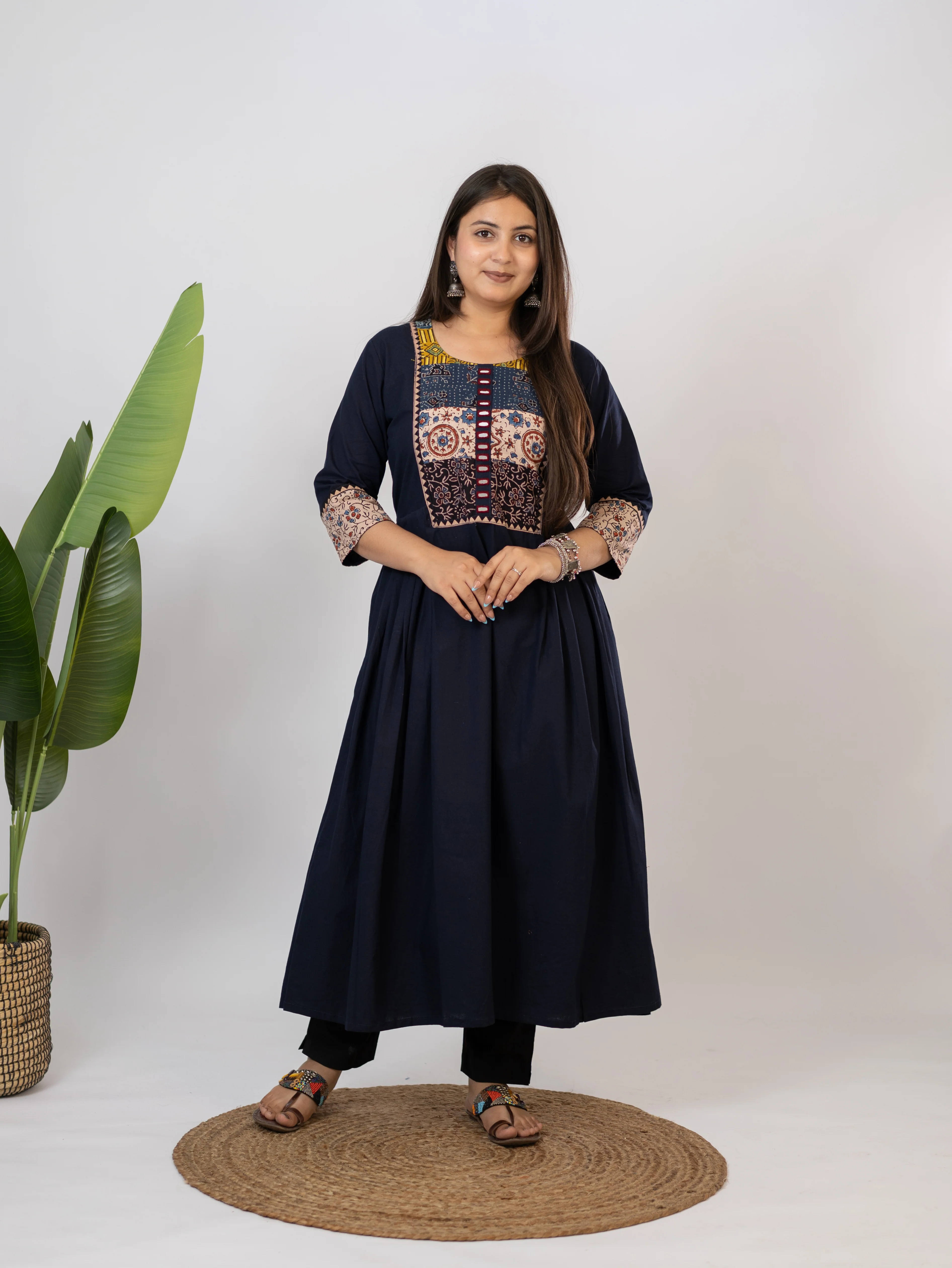 Meera Blue Cotton Ajrakh Embroidered A-line Kurta - Image 4