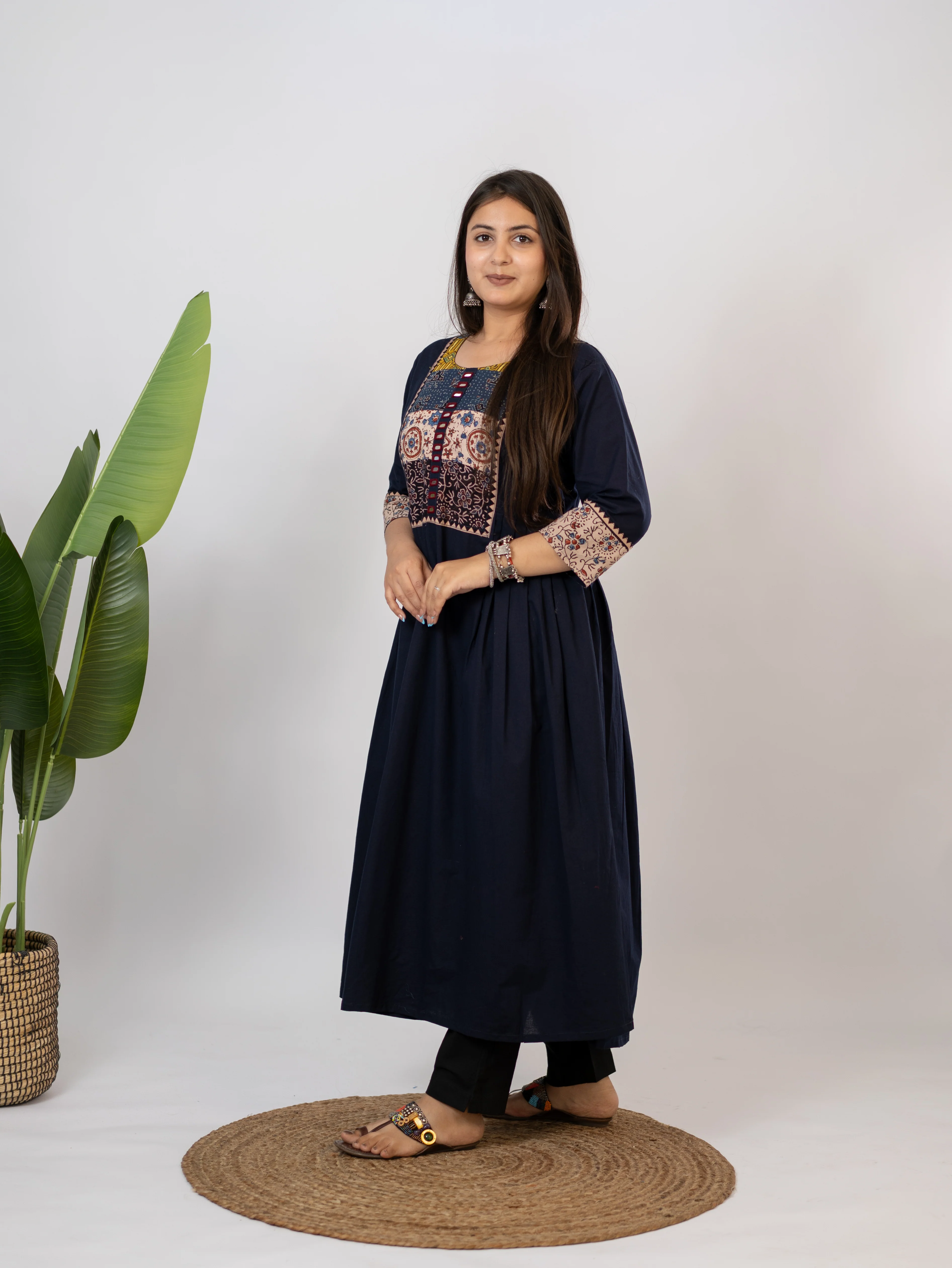 Meera Blue Cotton Ajrakh Embroidered A-line Kurta - Image 5