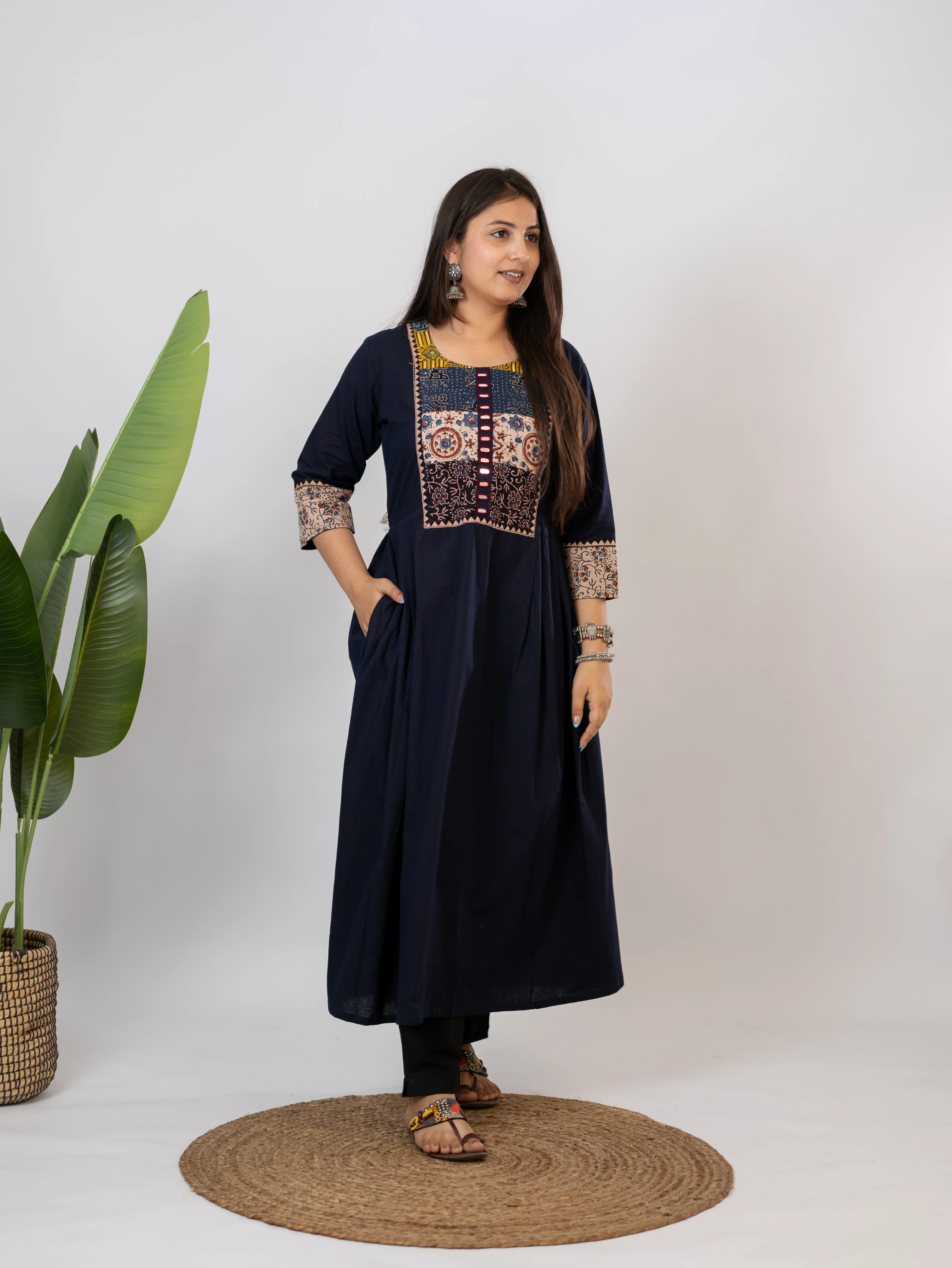 Meera Blue Cotton Ajrakh Embroidered A-line Kurta - Image 6