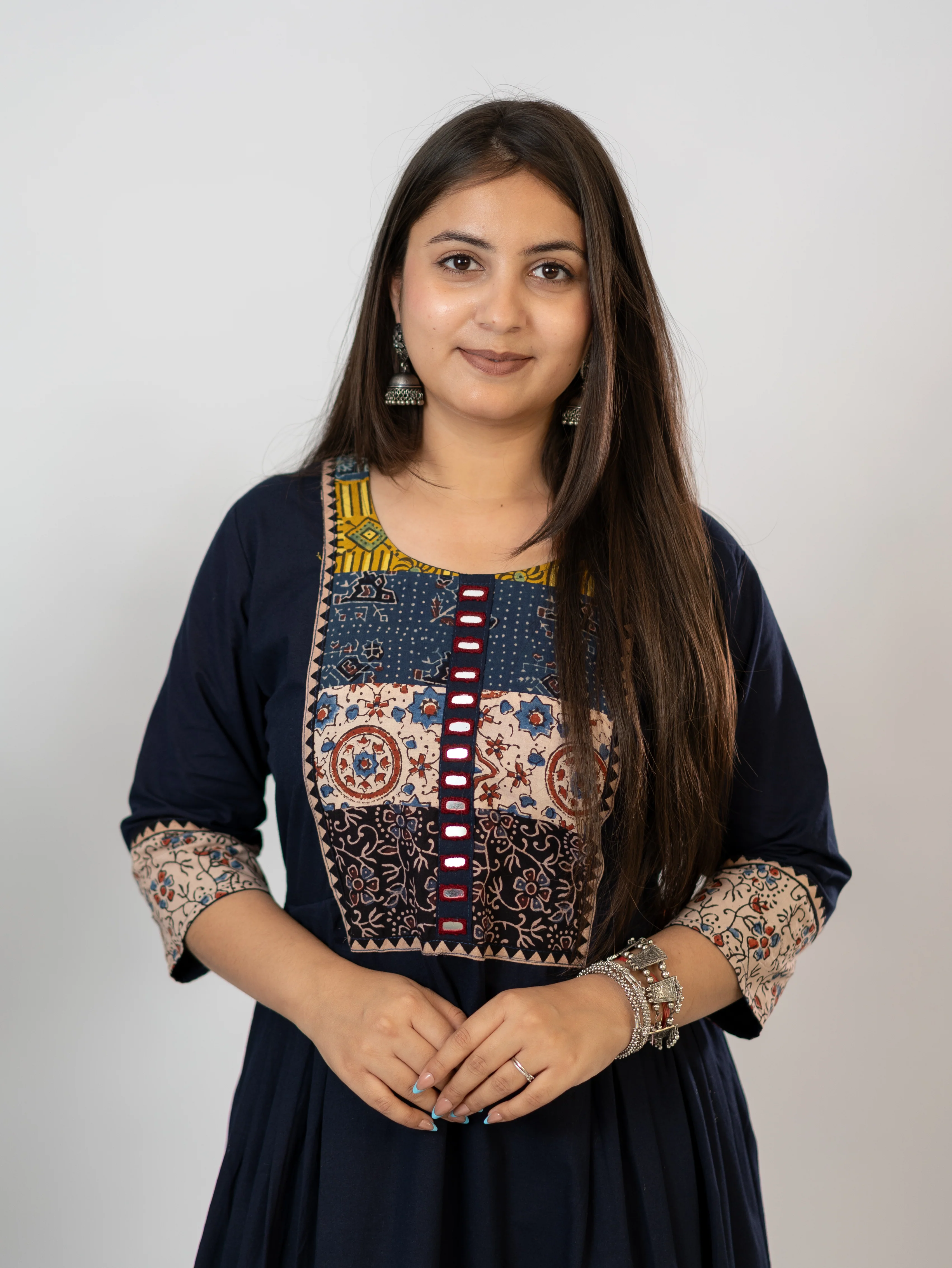 Meera Blue Cotton Ajrakh Embroidered A-line Kurta - Image 8