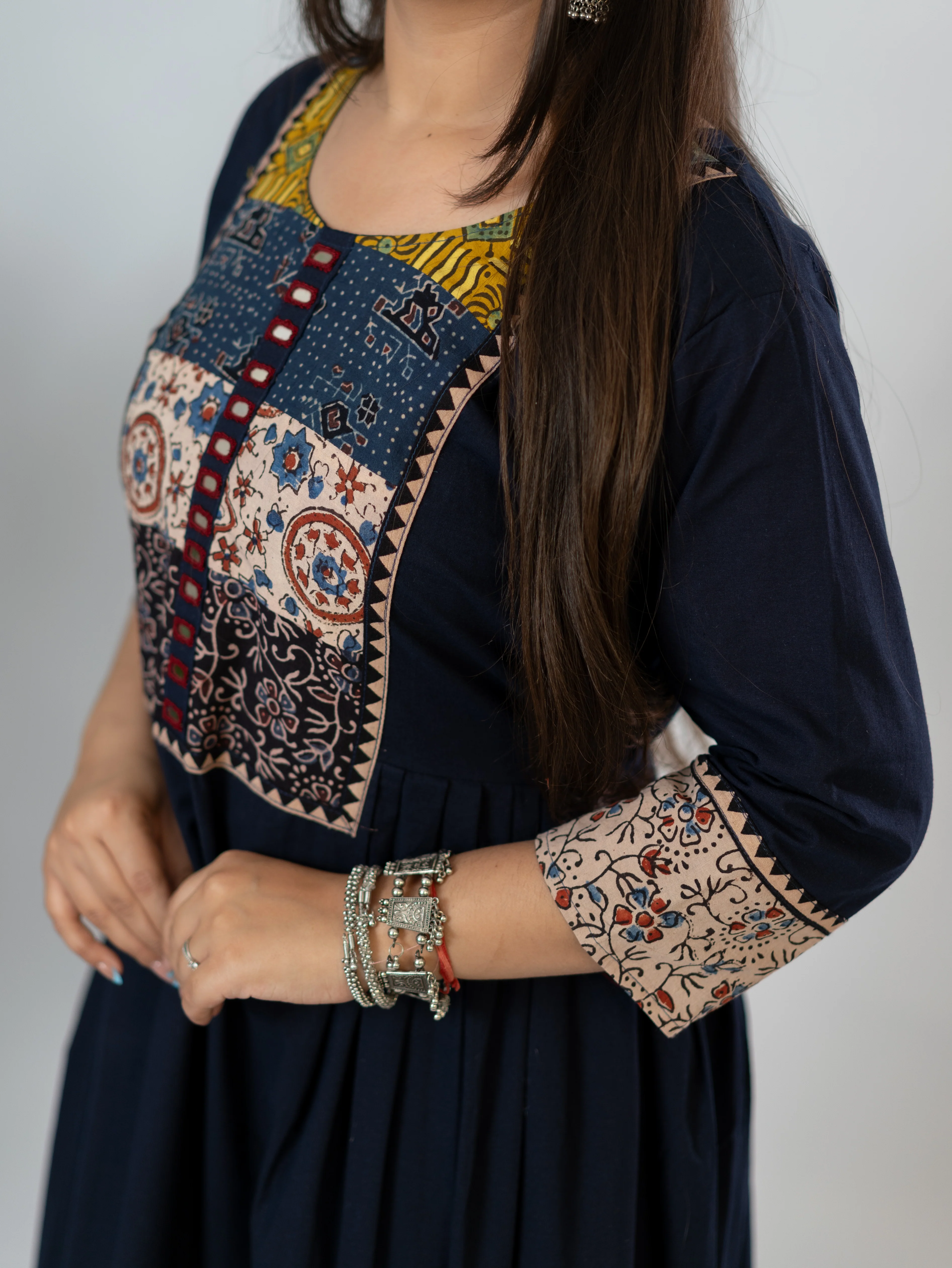 Meera Blue Cotton Ajrakh Embroidered A-line Kurta - Image 9