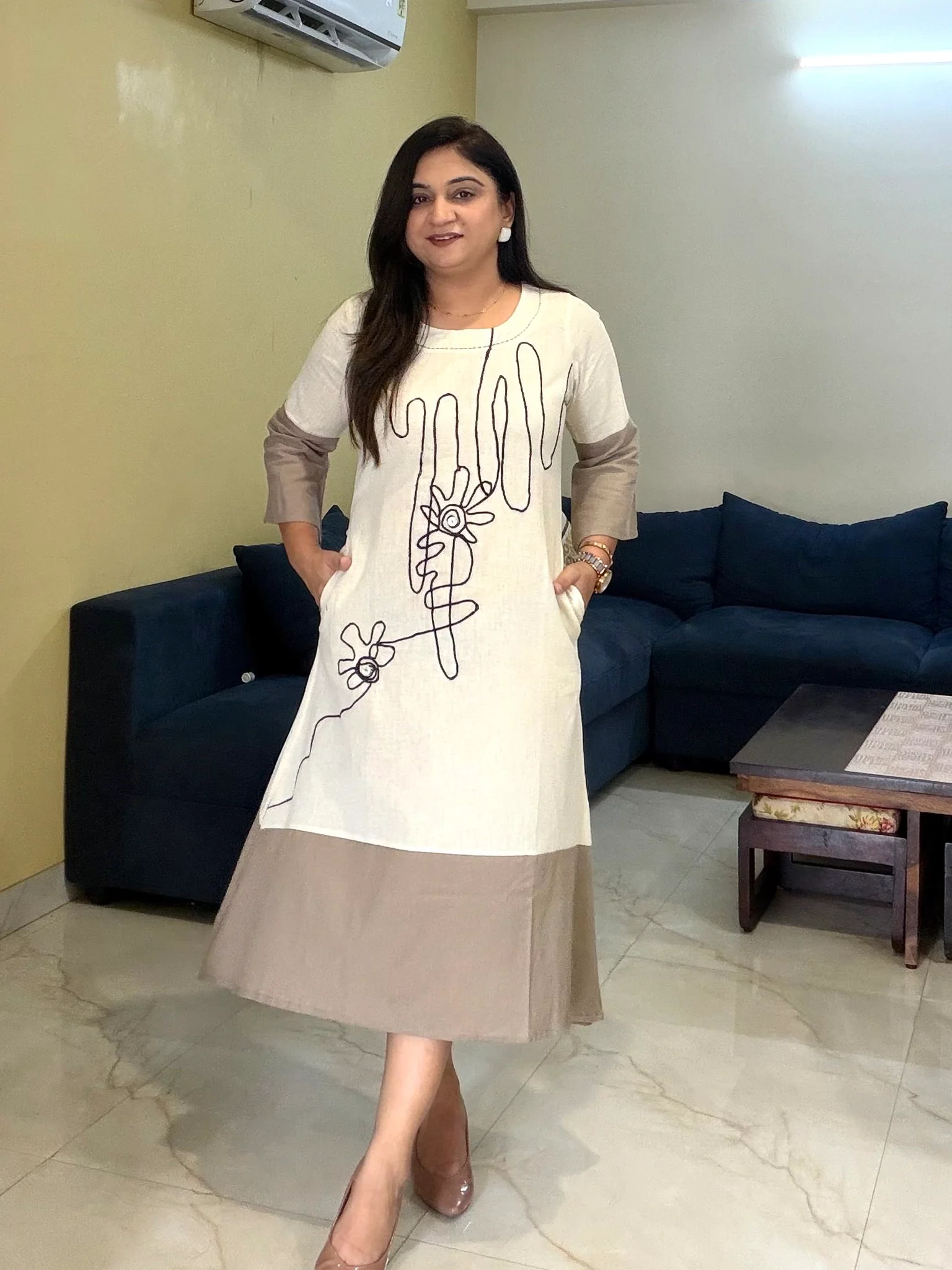 Meeral Cotton Floral Embroidered A-line Long Dress - Image 3