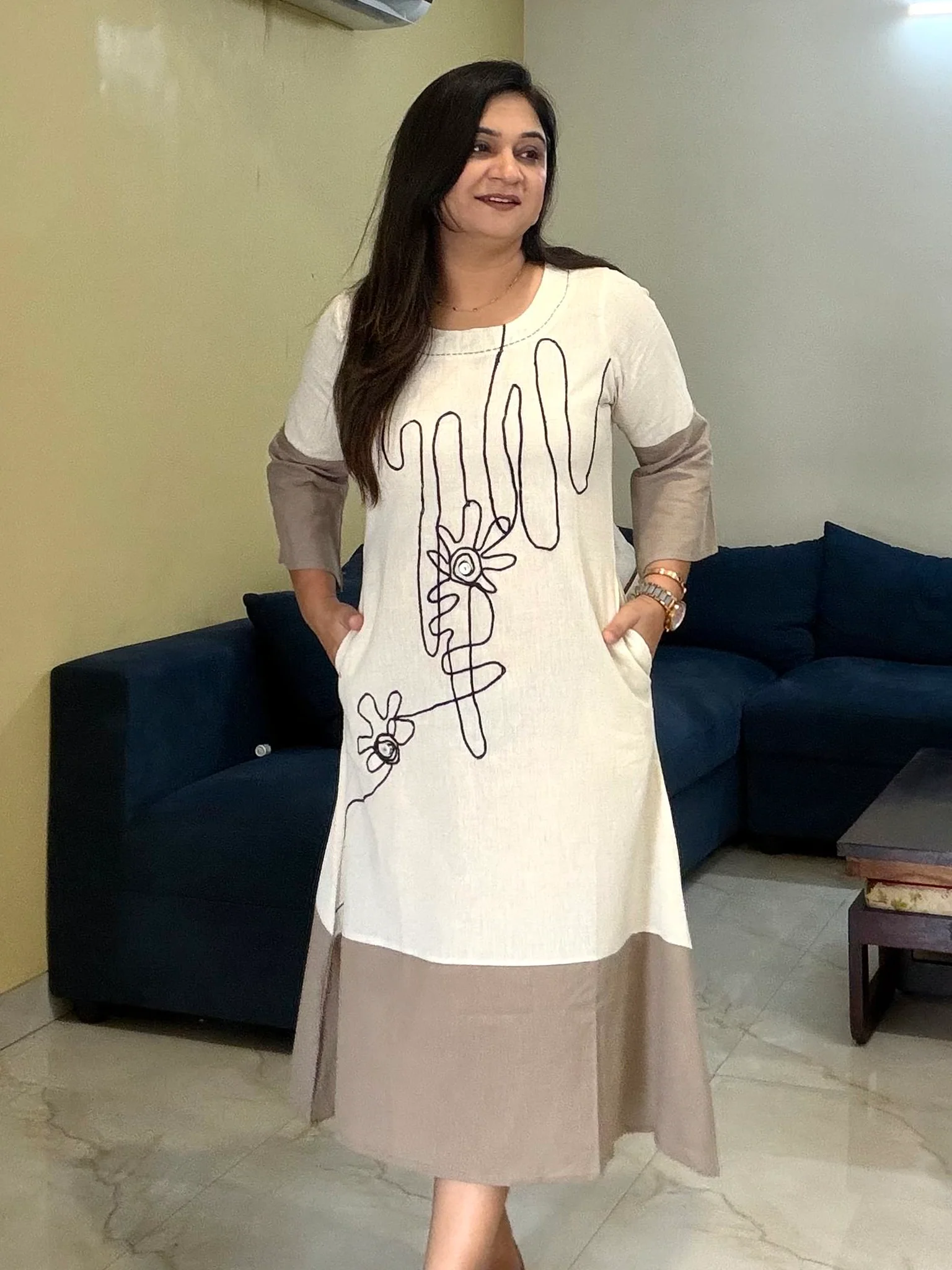 Meeral Cotton Floral Embroidered A-line Long Dress - Image 4