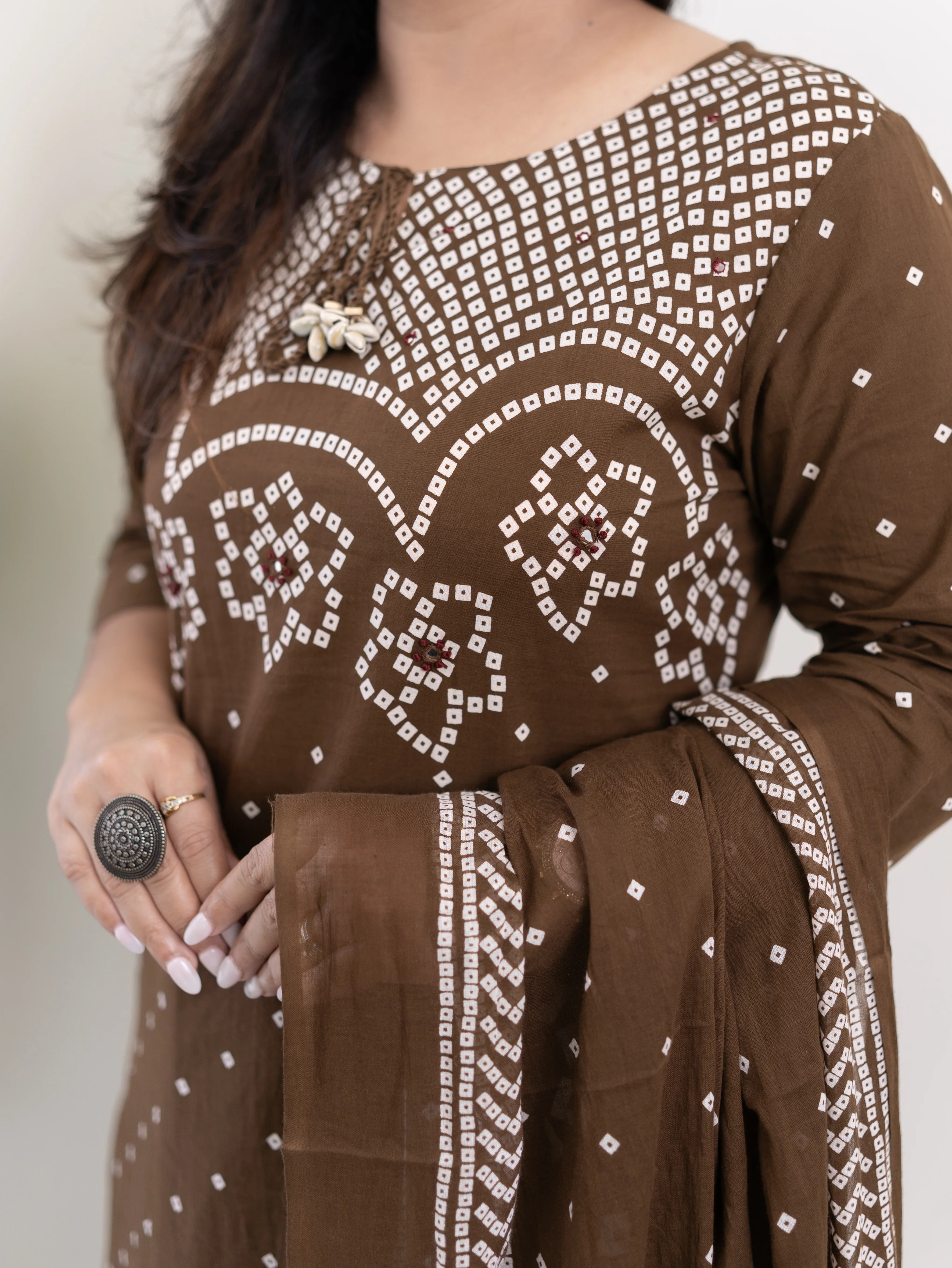 Mishi Brown Cotton Bandhani Straight Dupatta Set - Image 8