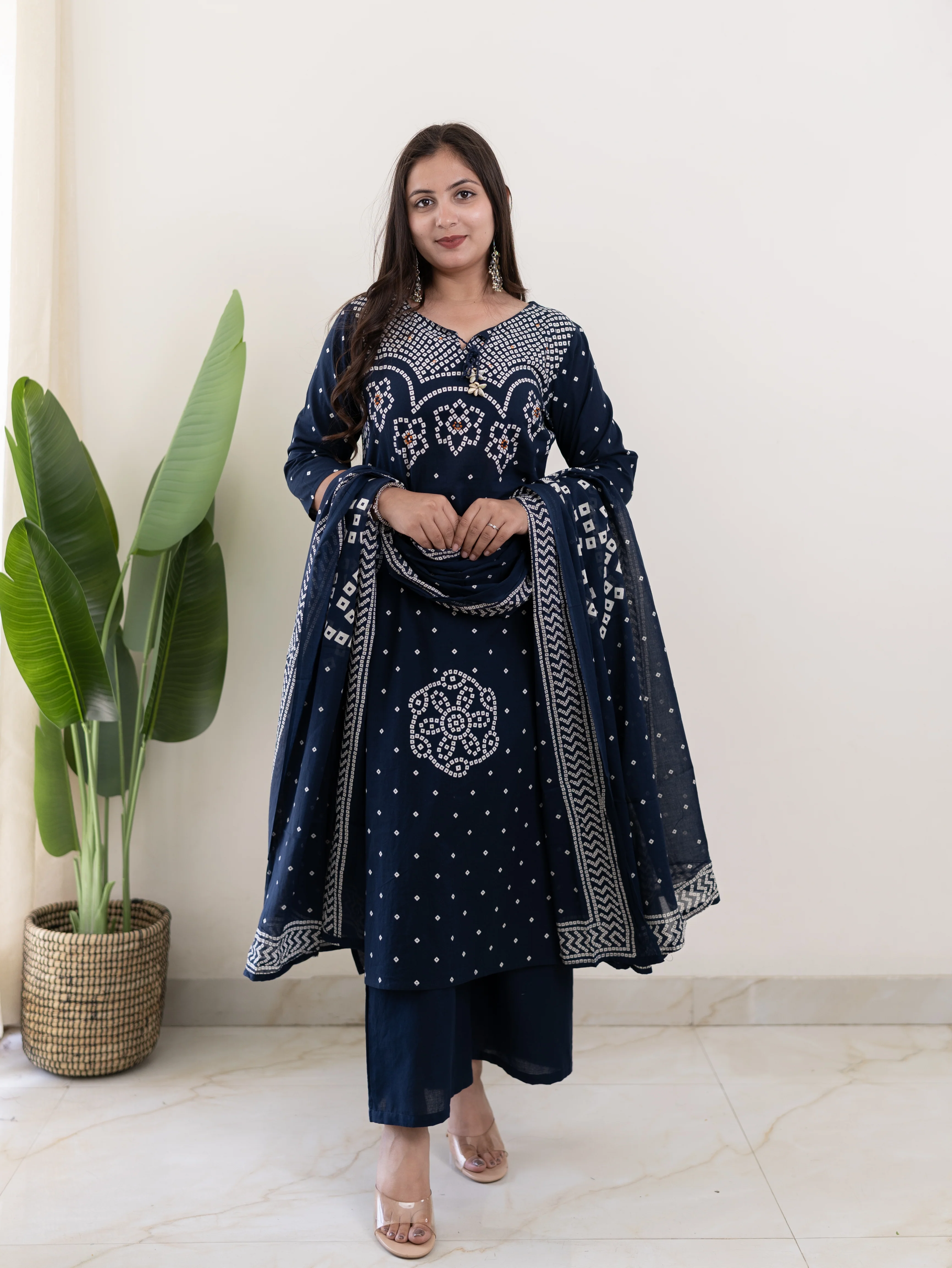 Mishi Navy Blue Cotton Bandhani Straight Dupatta Set - Image 3