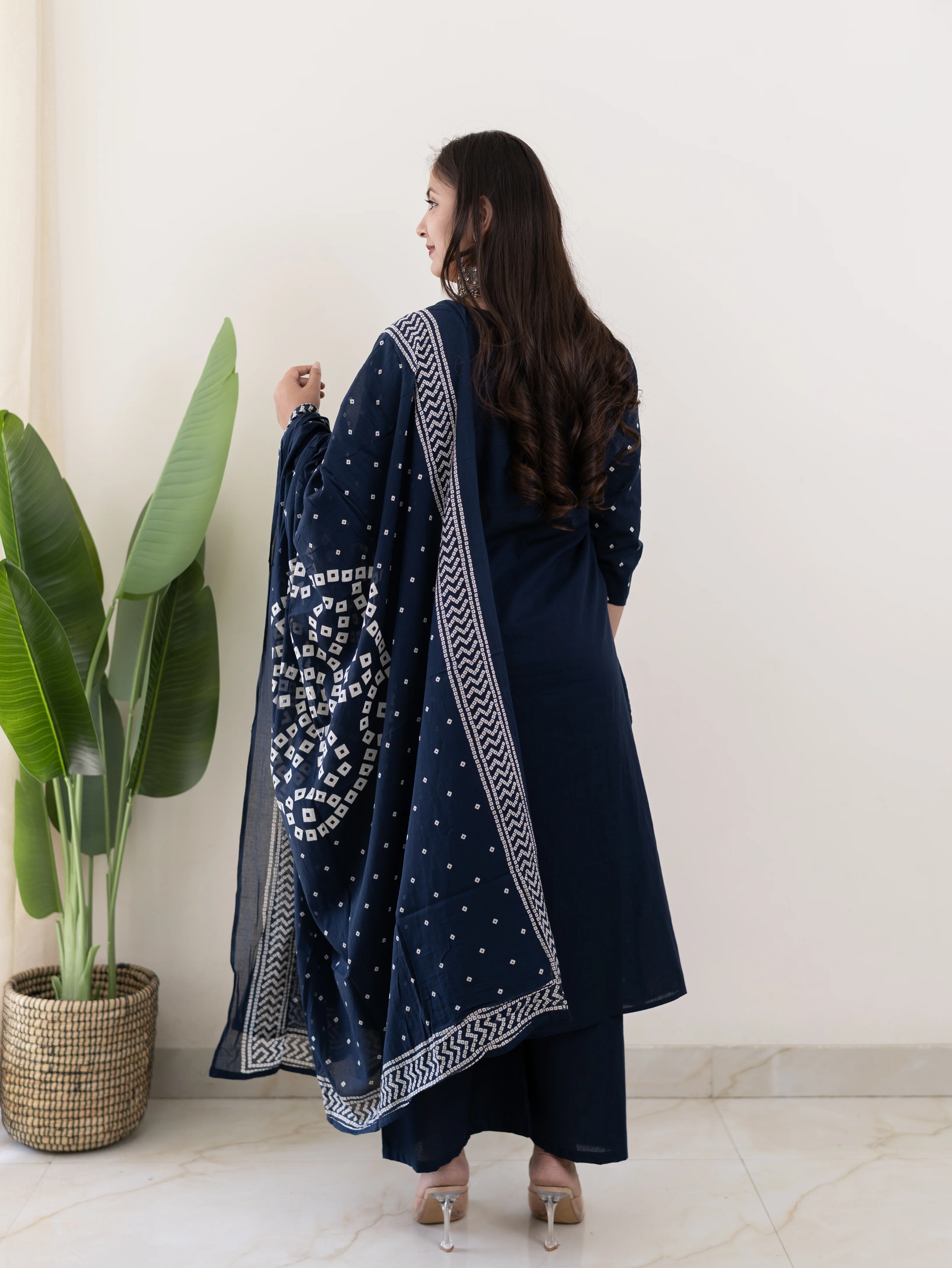 Mishi Navy Blue Cotton Bandhani Straight Dupatta Set - Image 8