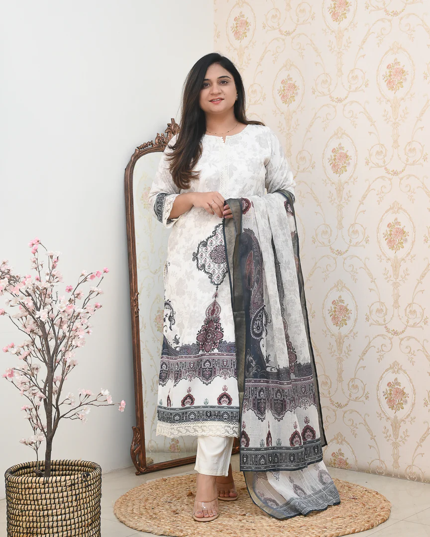 Mugal Print Cotton Embroidered Pant Set - Image 4