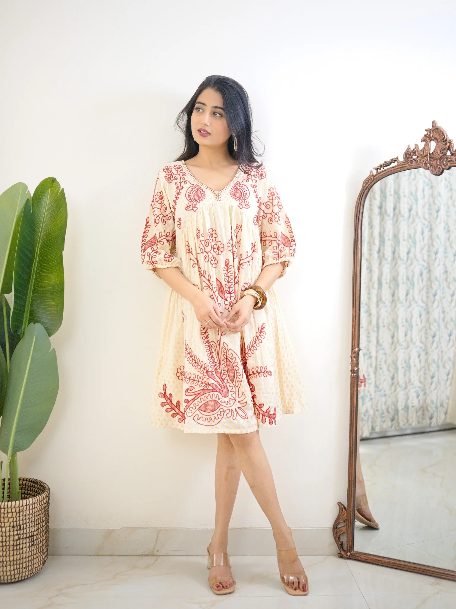 Grace Premium Cotton A-line Embroidered Short Dress - Image 2
