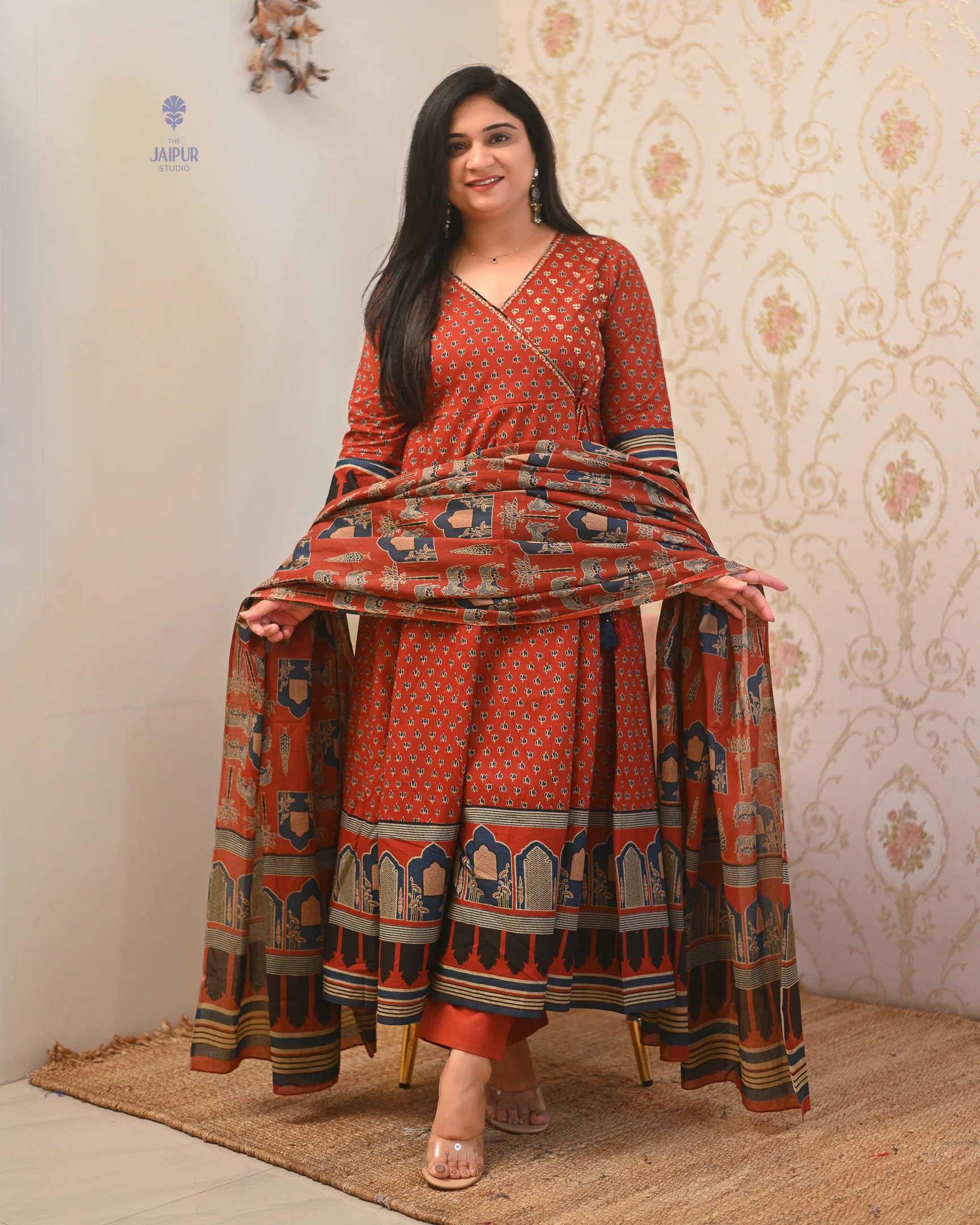 Neerja Cotton Ajrakh Embroidered Anarkali Set - Image 10