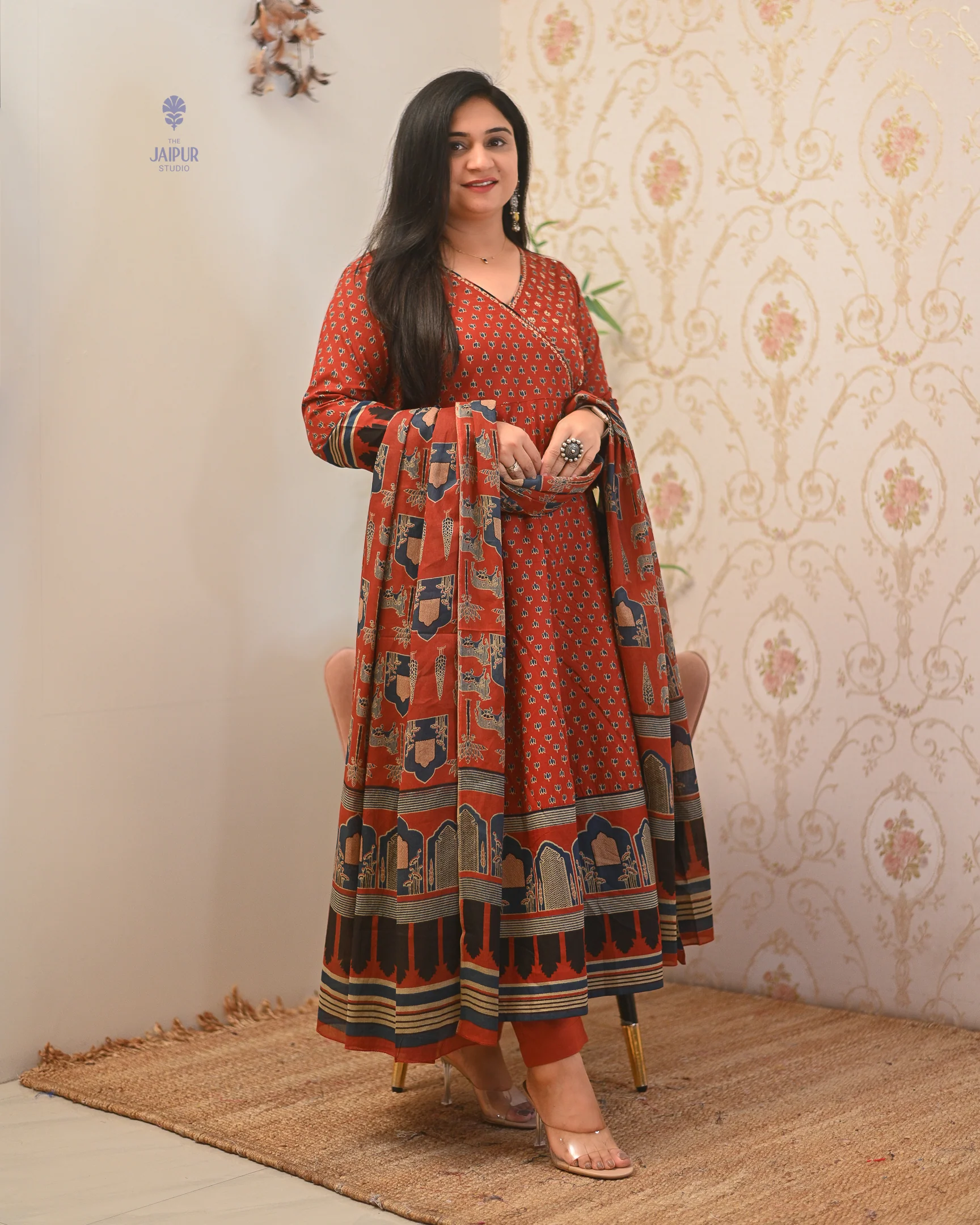 Neerja Cotton Ajrakh Embroidered Anarkali Set - Image 11