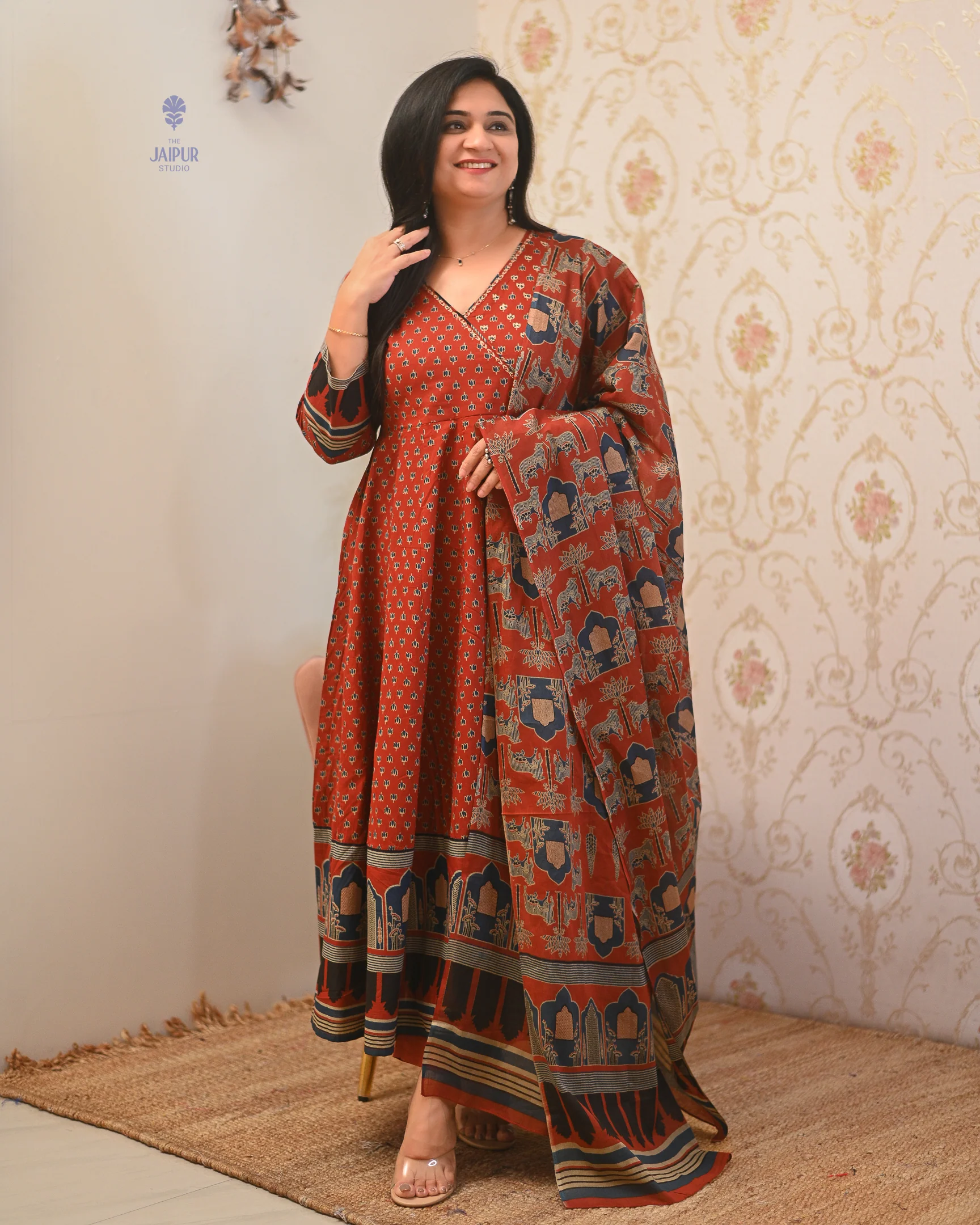 Neerja Cotton Ajrakh Embroidered Anarkali Set - Image 12