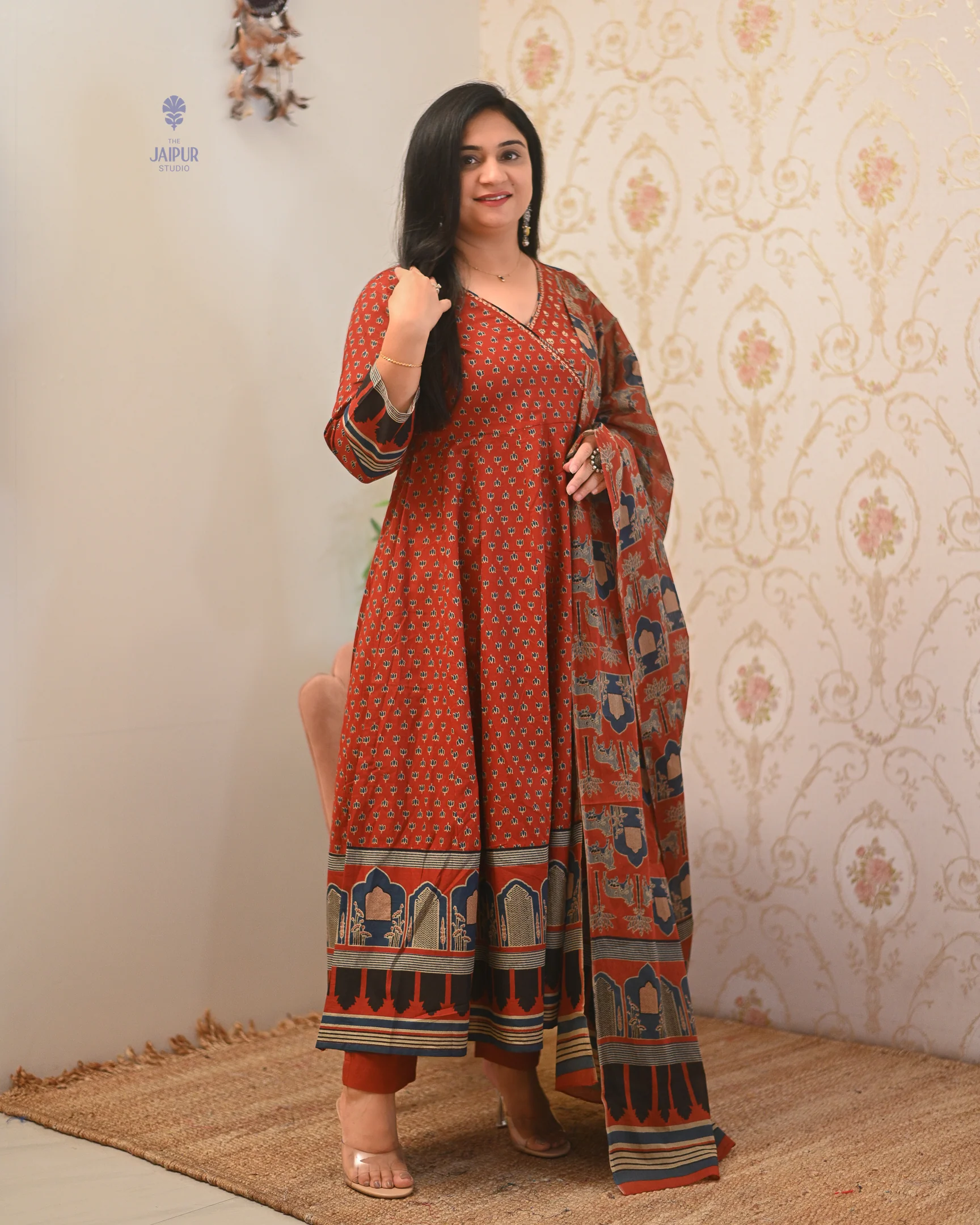 Neerja Cotton Ajrakh Embroidered Anarkali Set - Image 13