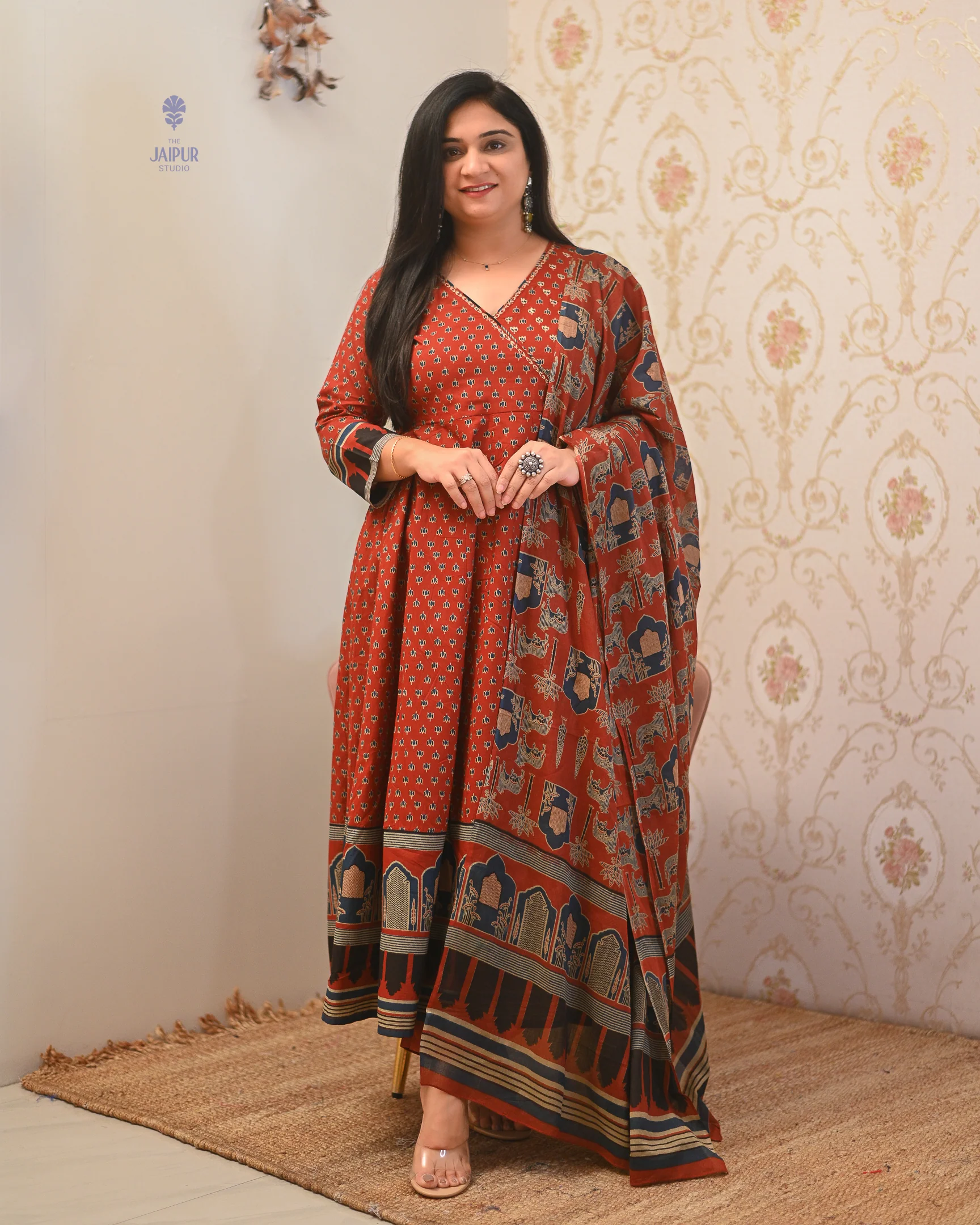 Neerja Cotton Ajrakh Embroidered Anarkali Set - Image 14