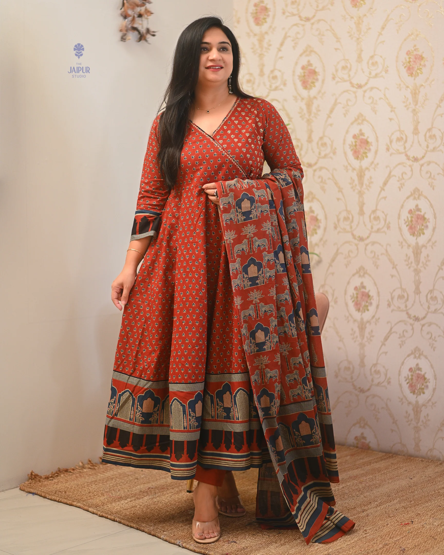 Neerja Cotton Ajrakh Embroidered Anarkali Set - Image 15