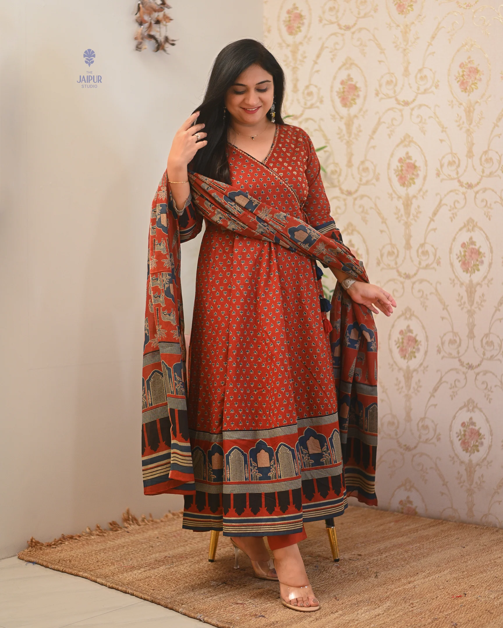 Neerja Cotton Ajrakh Embroidered Anarkali Set - Image 16
