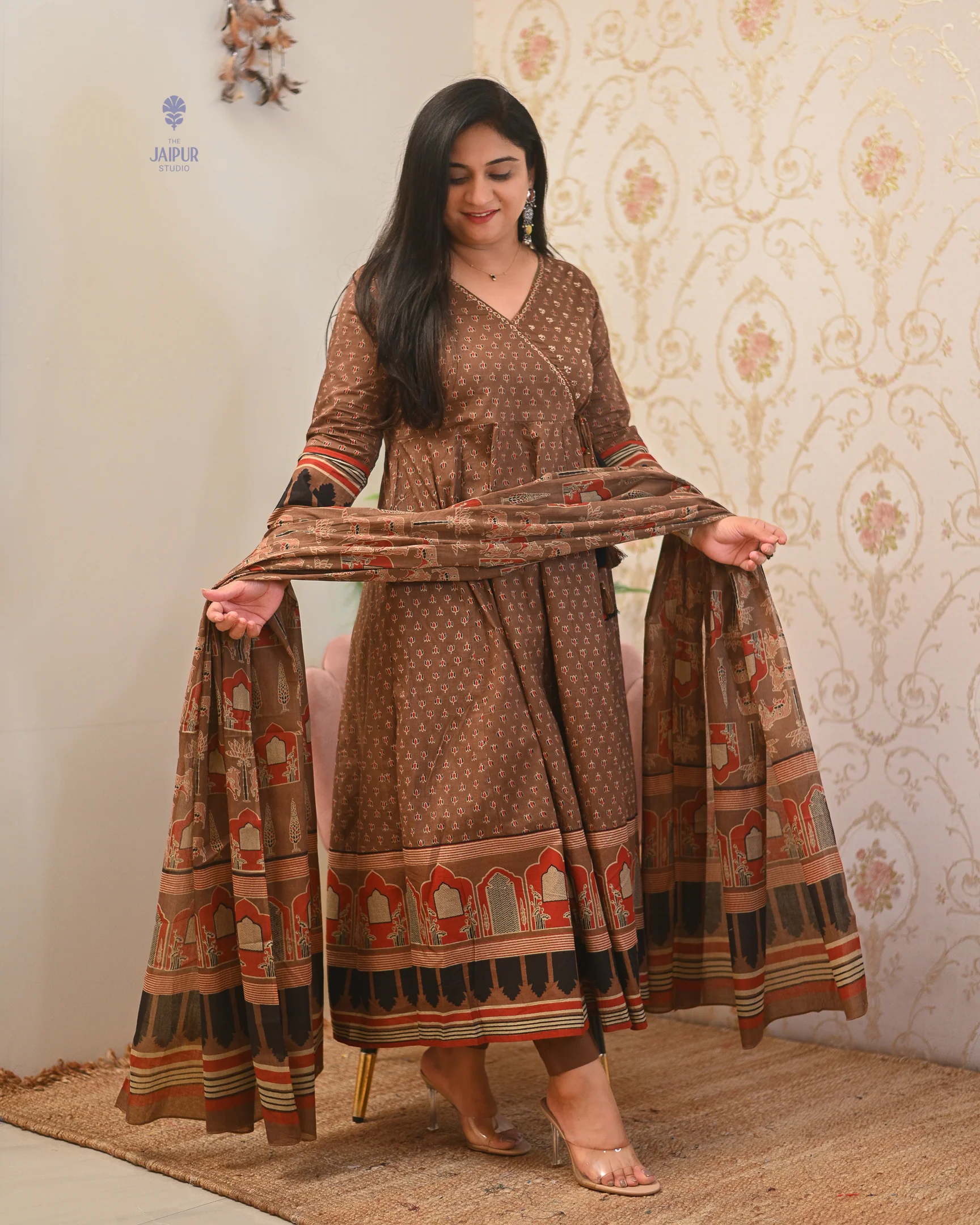 Neerja Cotton Ajrakh Embroidered Anarkali Set - Image 3
