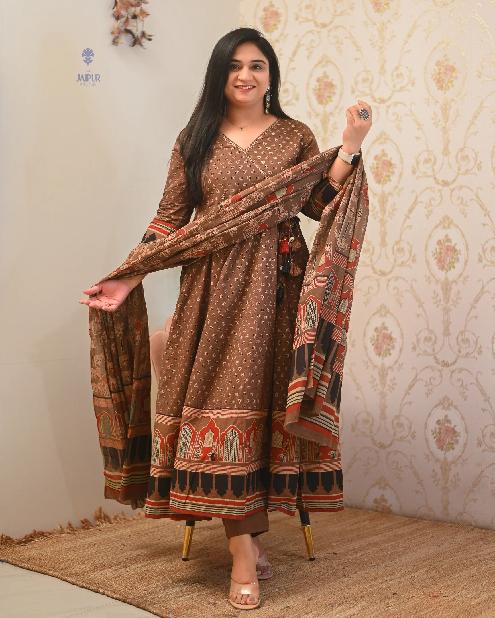 Neerja Cotton Ajrakh Embroidered Anarkali Set - Image 4