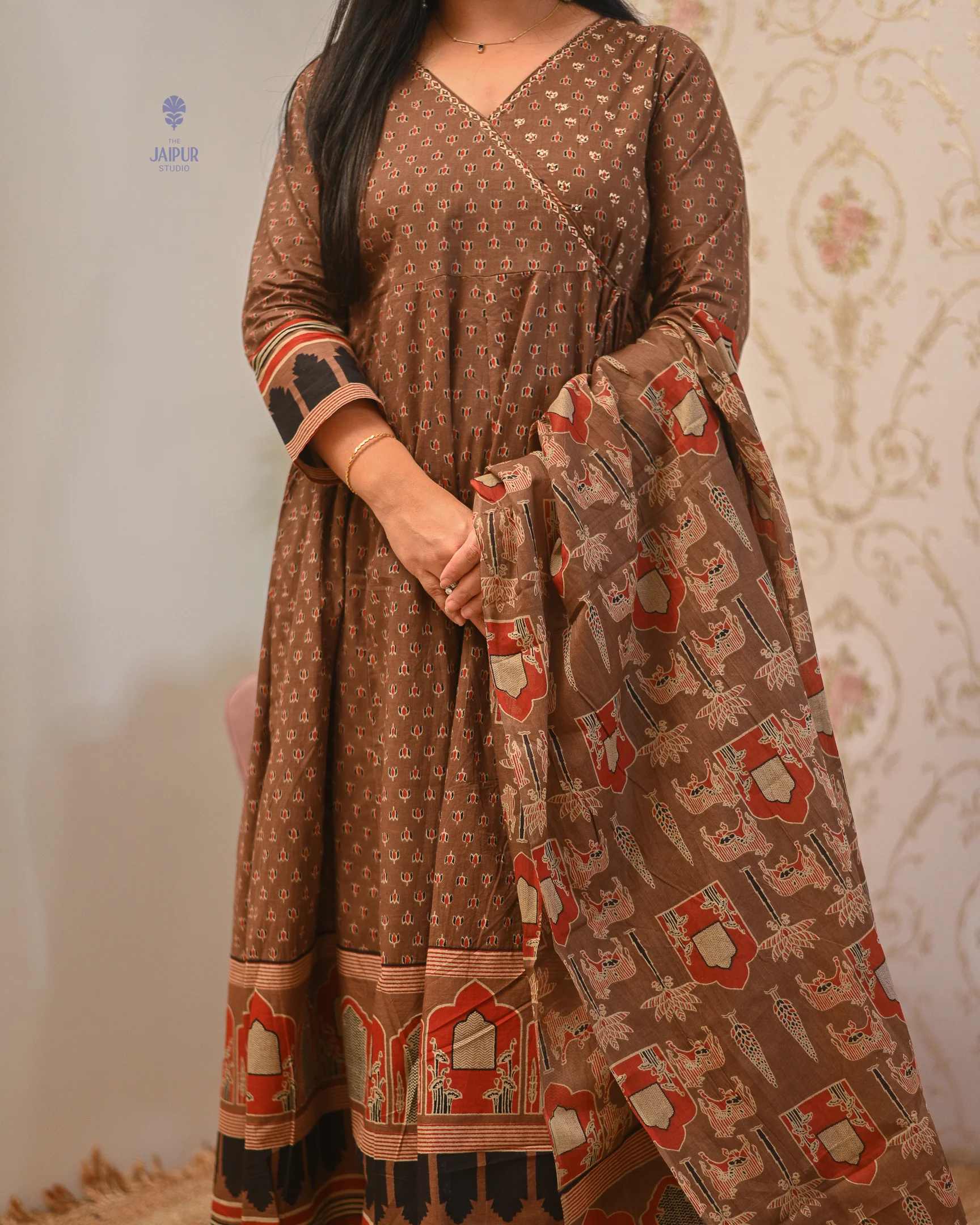 Neerja Cotton Ajrakh Embroidered Anarkali Set - Image 8