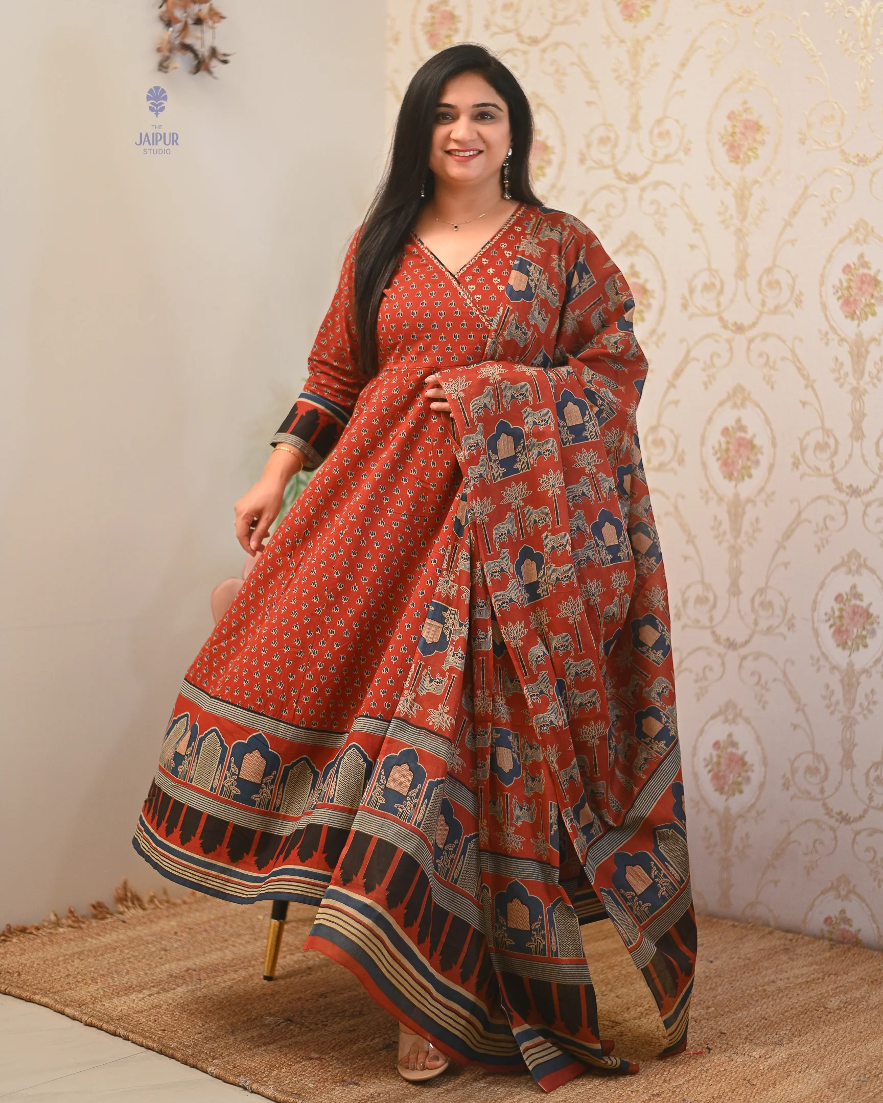 Neerja Cotton Ajrakh Embroidered Anarkali Set - Image 9
