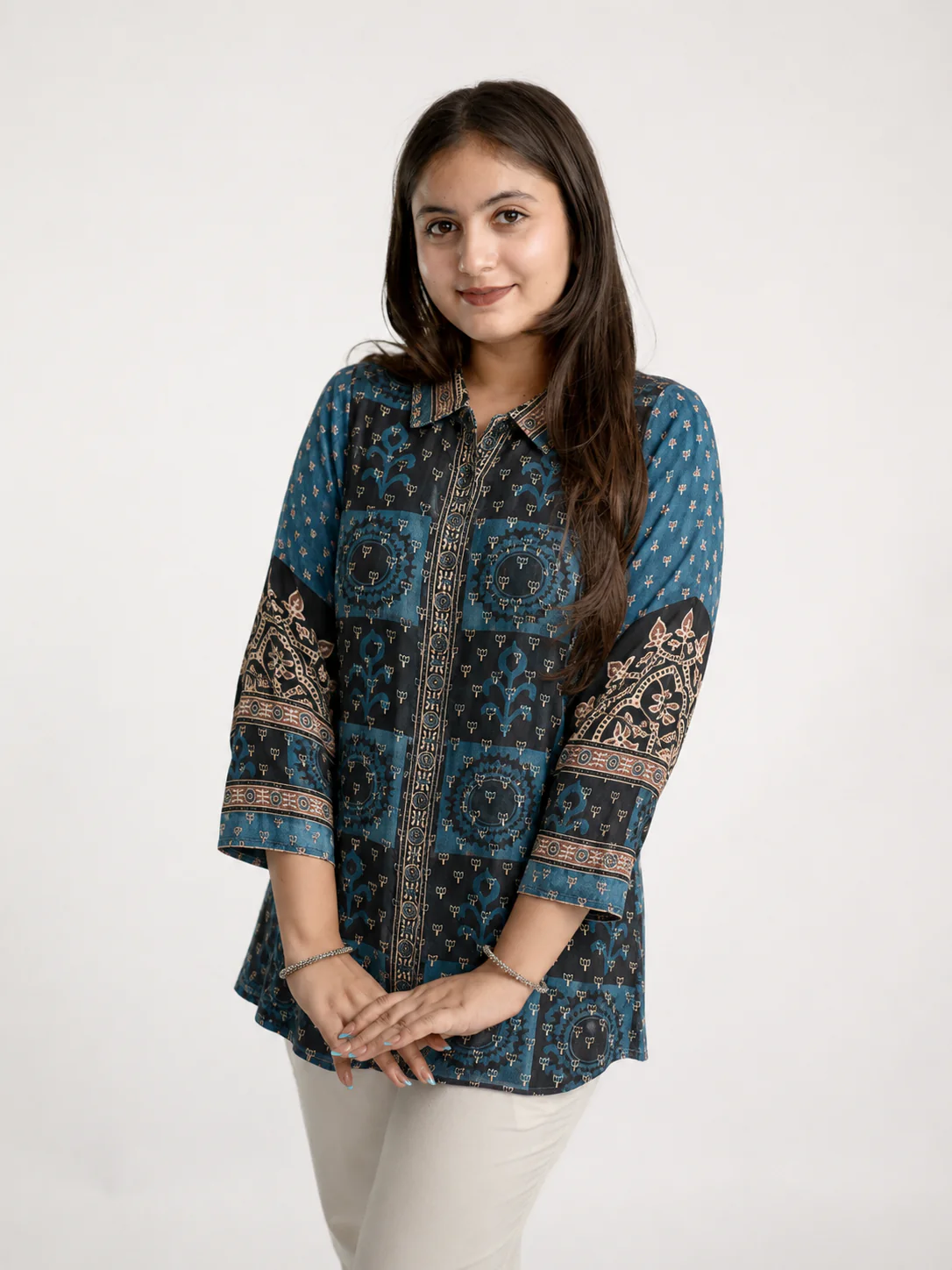 Vaidehi Blue Crepe Ajrakh Printed Shirt - Image 3