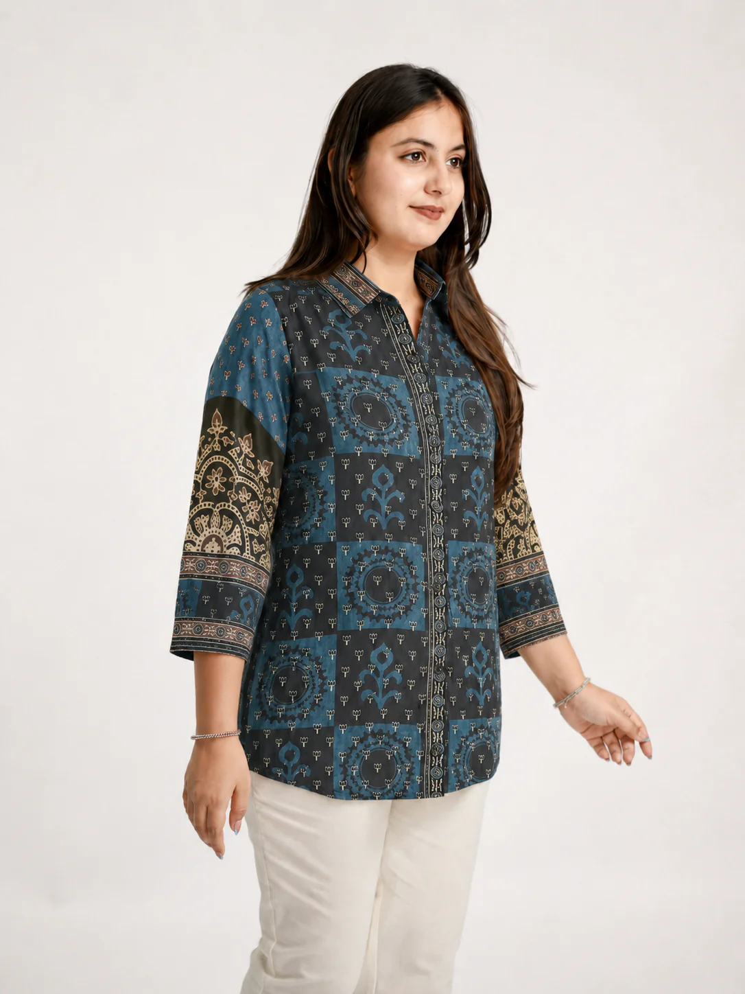 Vaidehi Blue Crepe Ajrakh Printed Shirt - Image 4