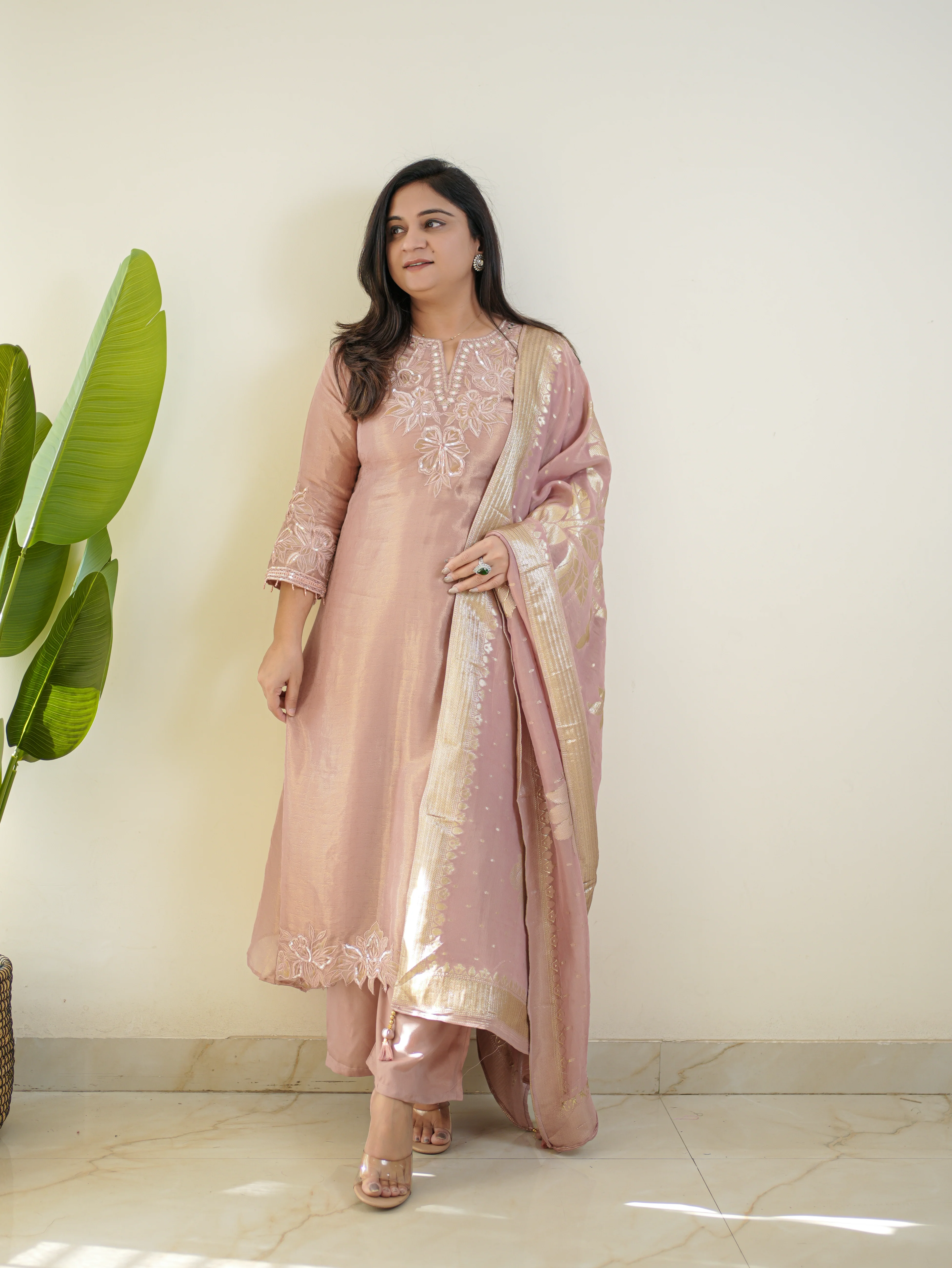 Noor Pink Asymmetric Shimmer Tissue HandEmbroidered Pant Set - Image 3