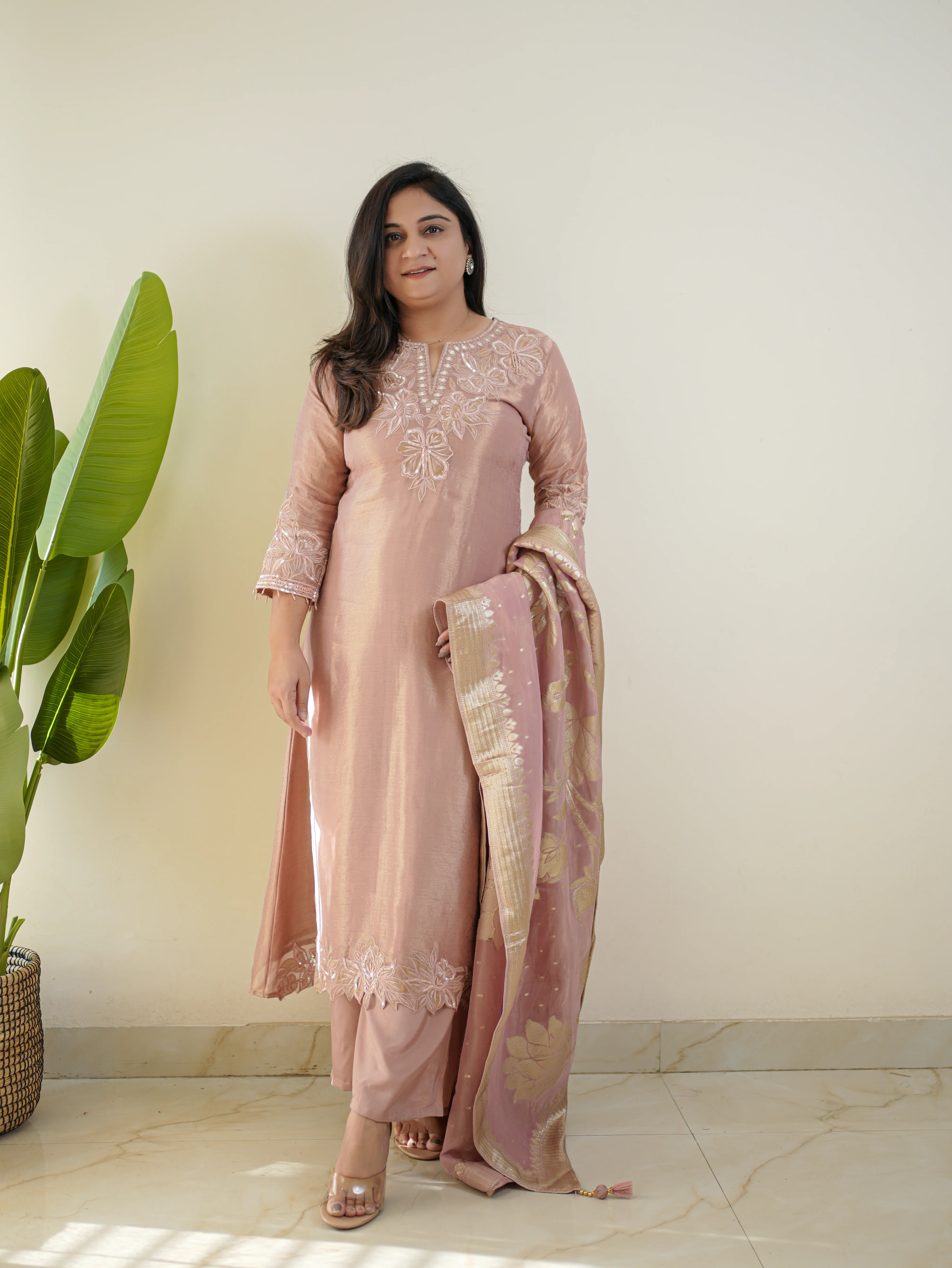 Noor Pink Asymmetric Shimmer Tissue HandEmbroidered Pant Set - Image 4