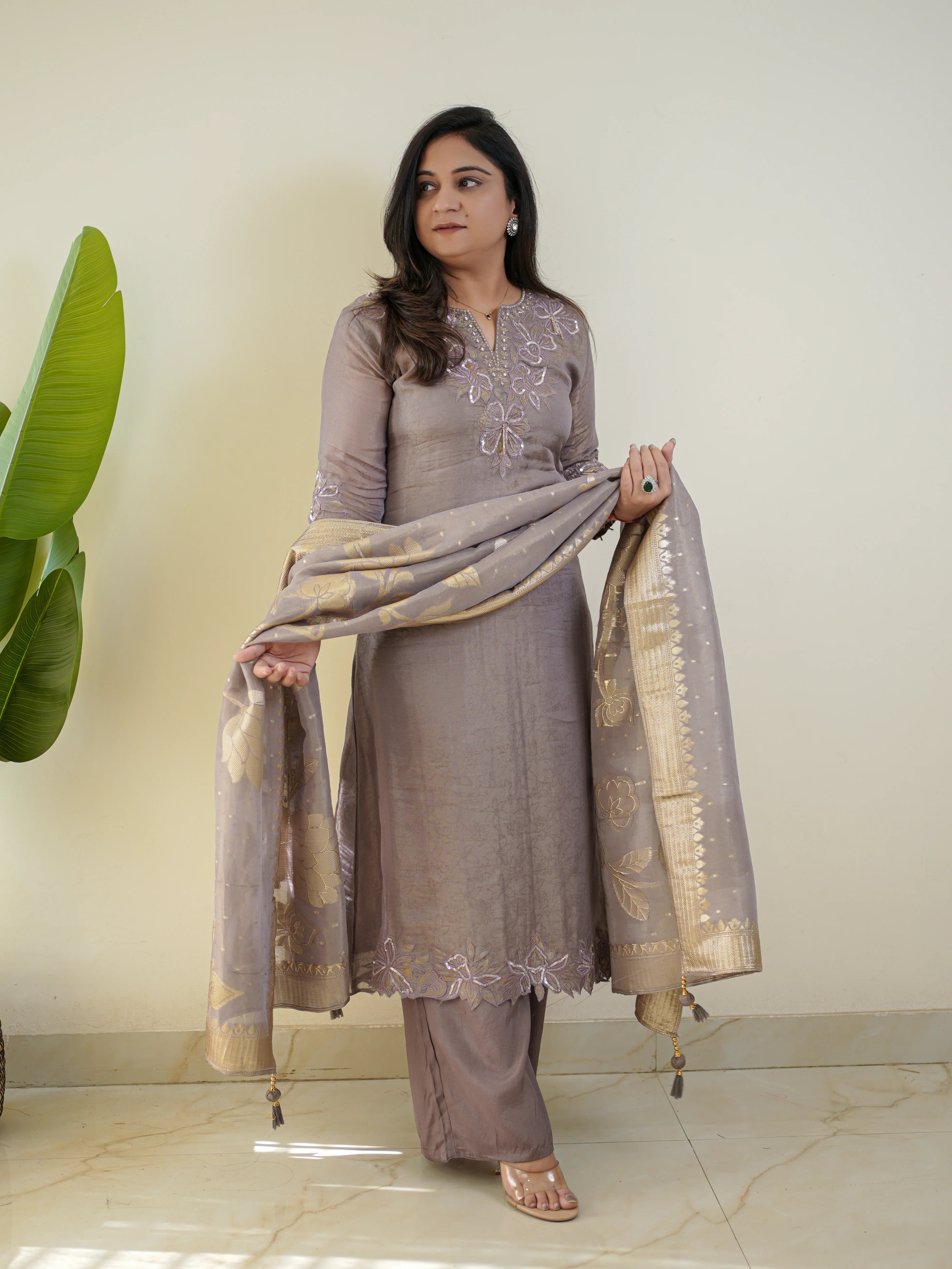 Noor Grey Asymmetric Shimmer Tissue HandEmbroidered Pant Set - Image 4