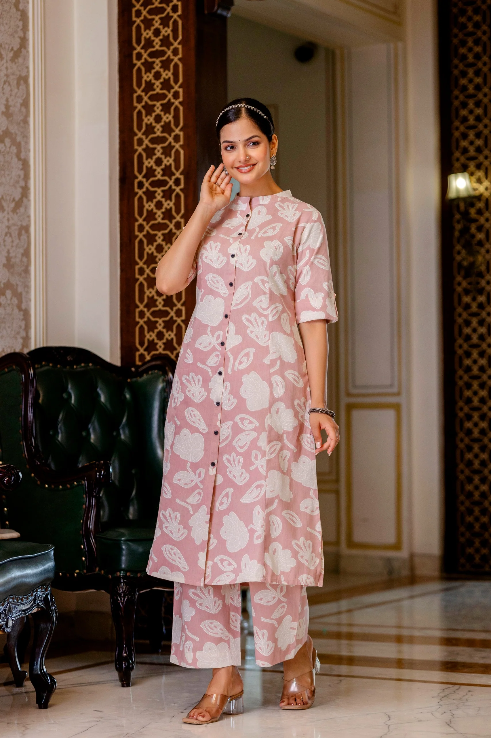 Peach Floral Cotton A-line Coord Set - Image 3