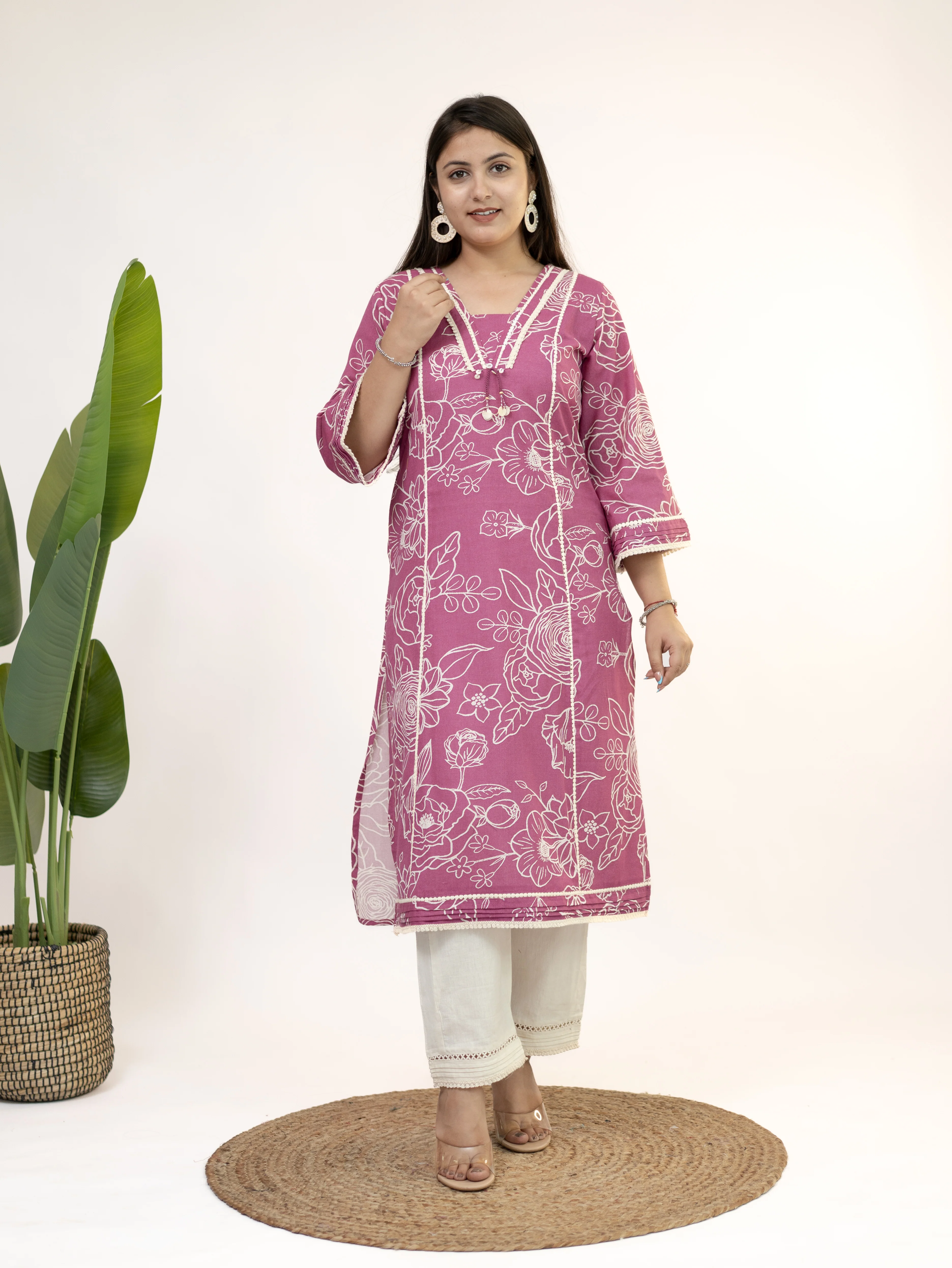 Inayat Pink Cotton Lace Deatialed A-line Kurta Set - Image 3