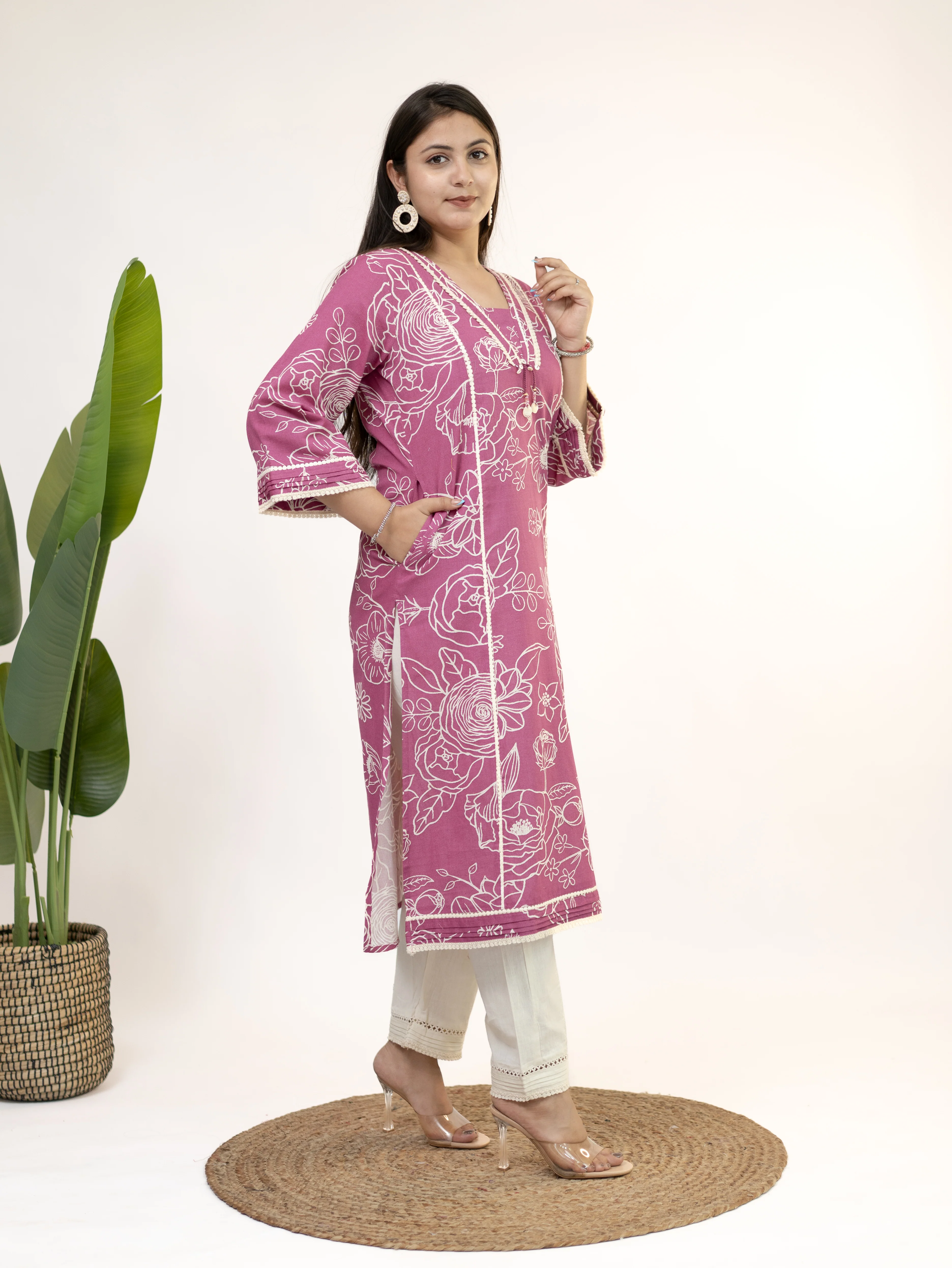 Inayat Pink Cotton Lace Deatialed A-line Kurta Set - Image 4