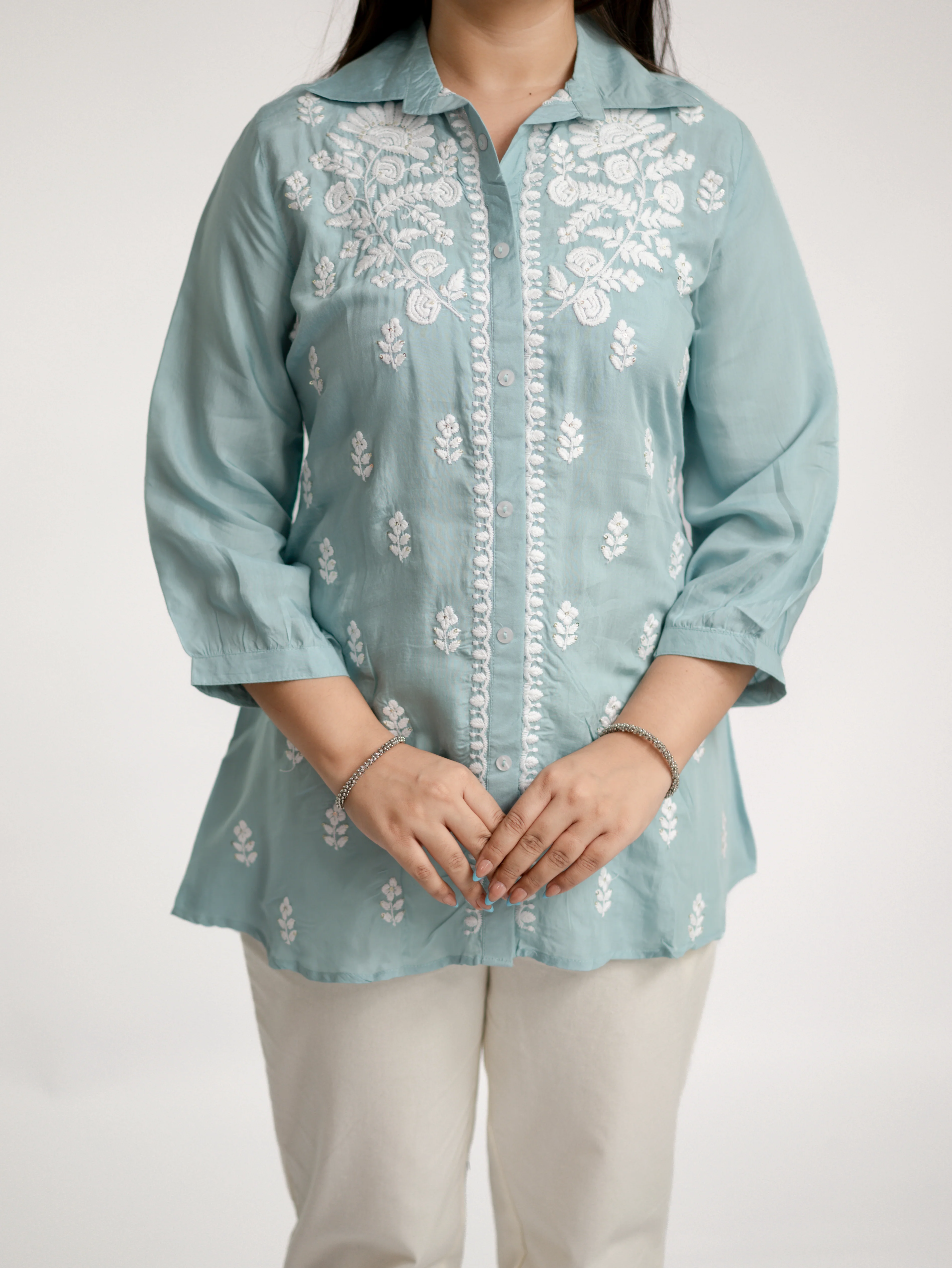 Sirya Blue Muslin Lucknowi Embroidered Short Top - Image 10