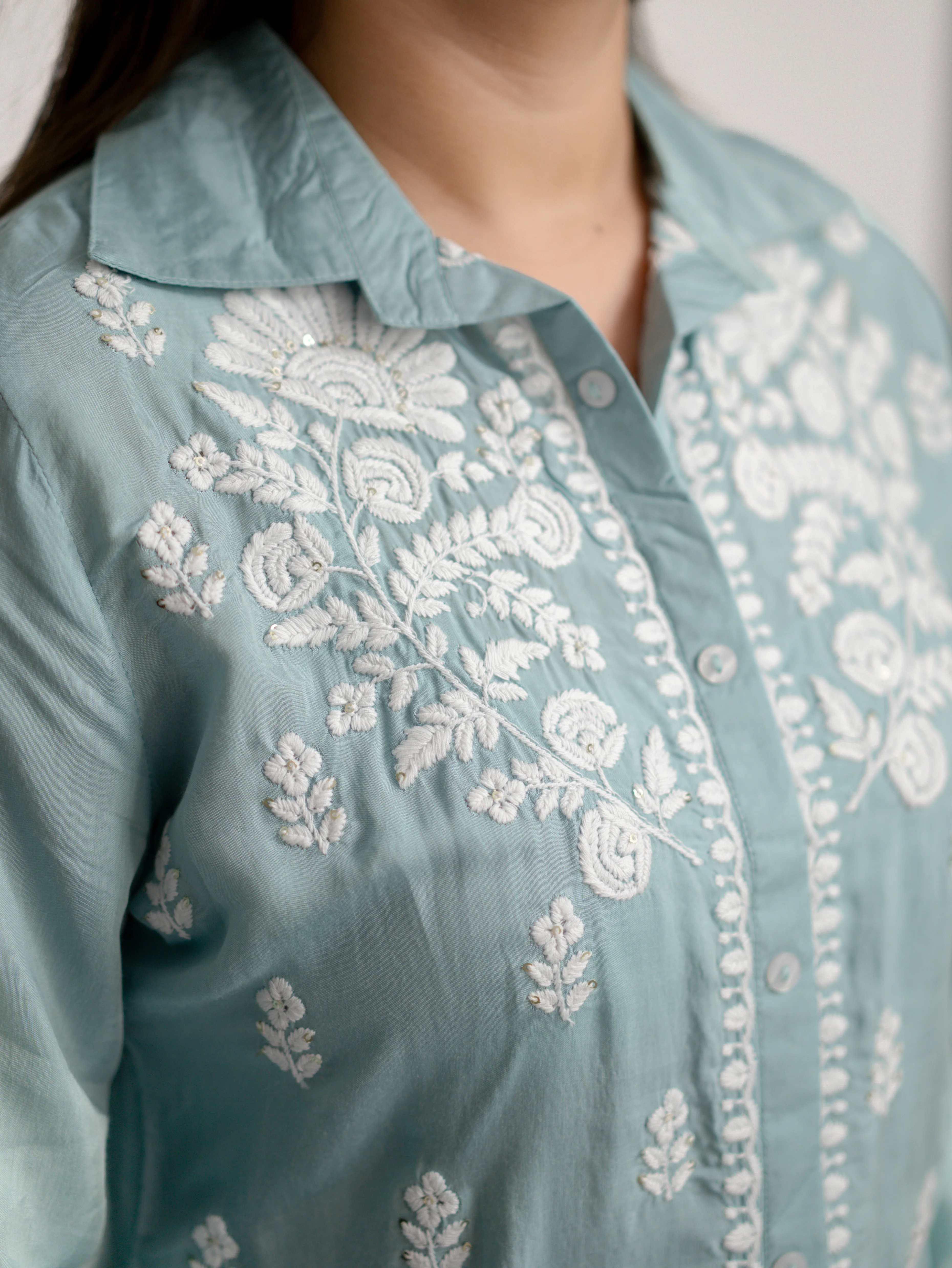 Sirya Blue Muslin Lucknowi Embroidered Short Top - Image 11