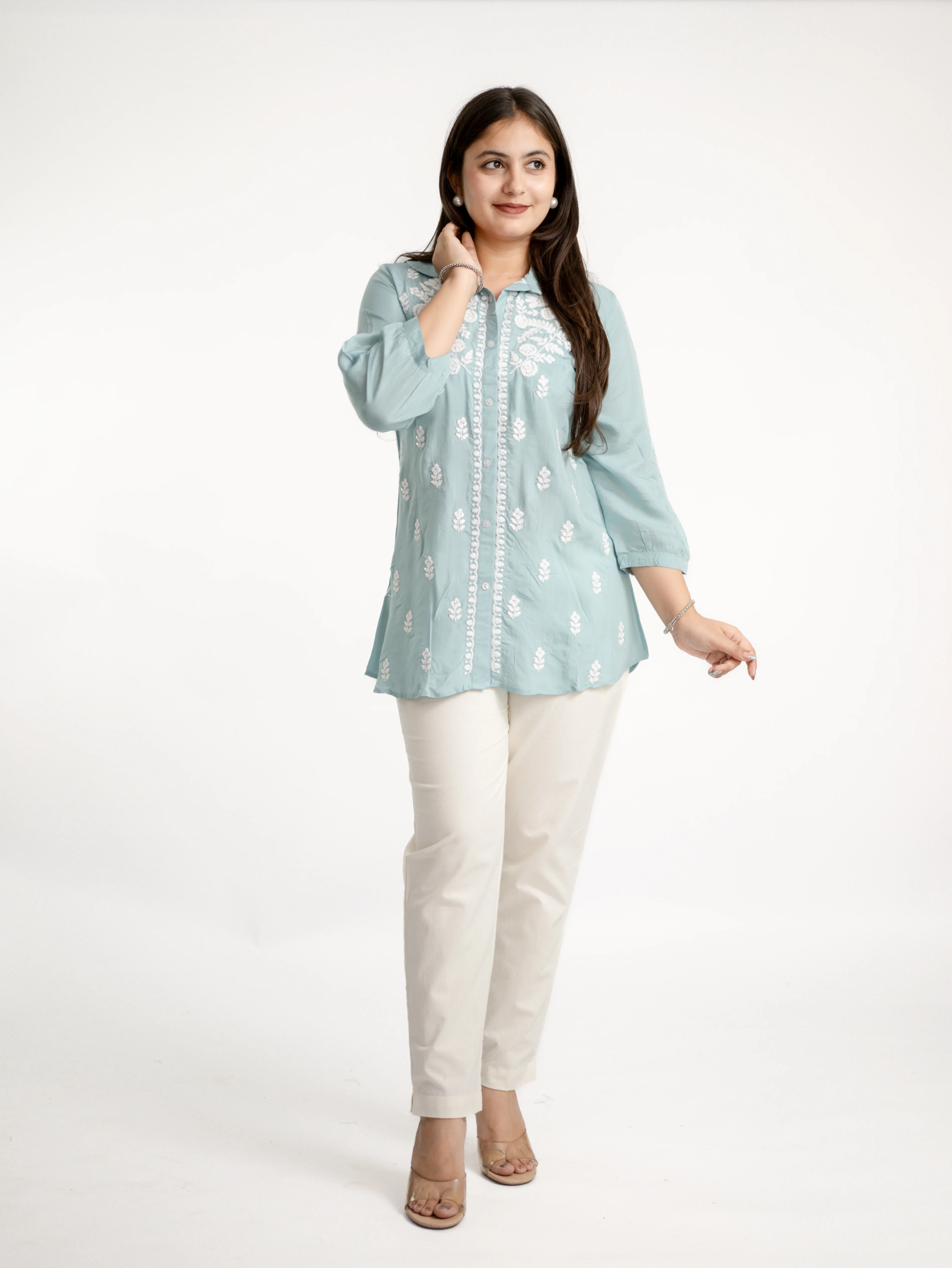Sirya Blue Muslin Lucknowi Embroidered Short Top - Image 3